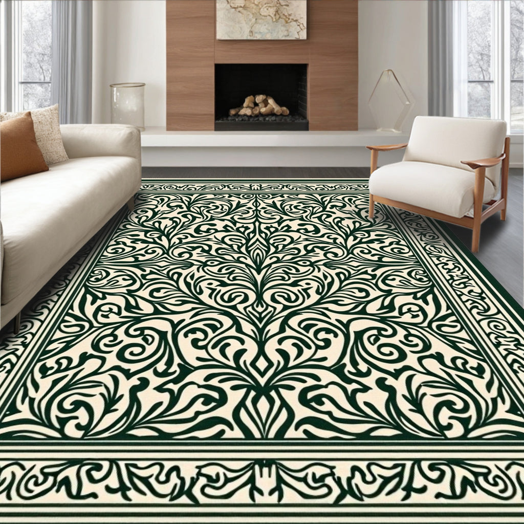 Dark Green Scrolling Floral Vine Pattern Rug