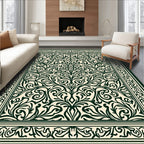 Dark Green Scrolling Floral Vine Pattern Rug