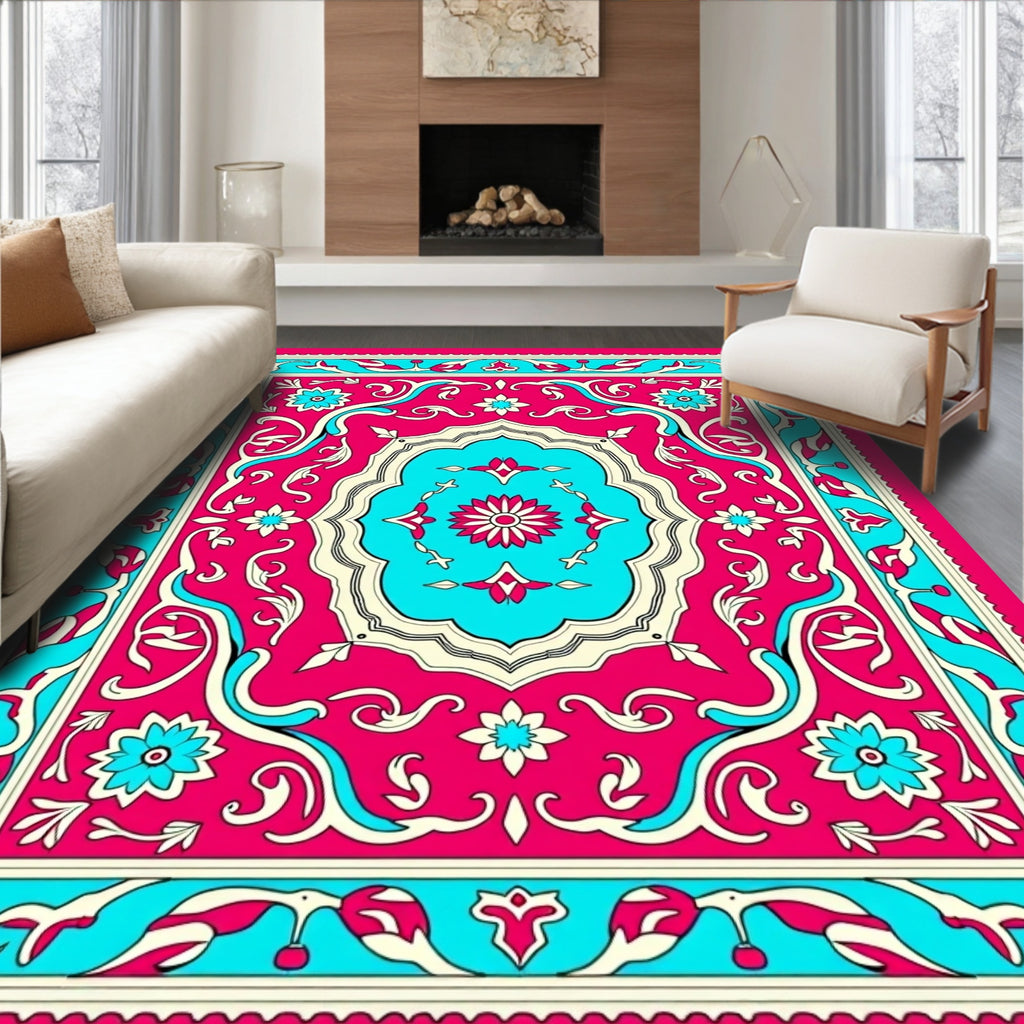 Vibrant Pink Blue Floral Medallion Rug