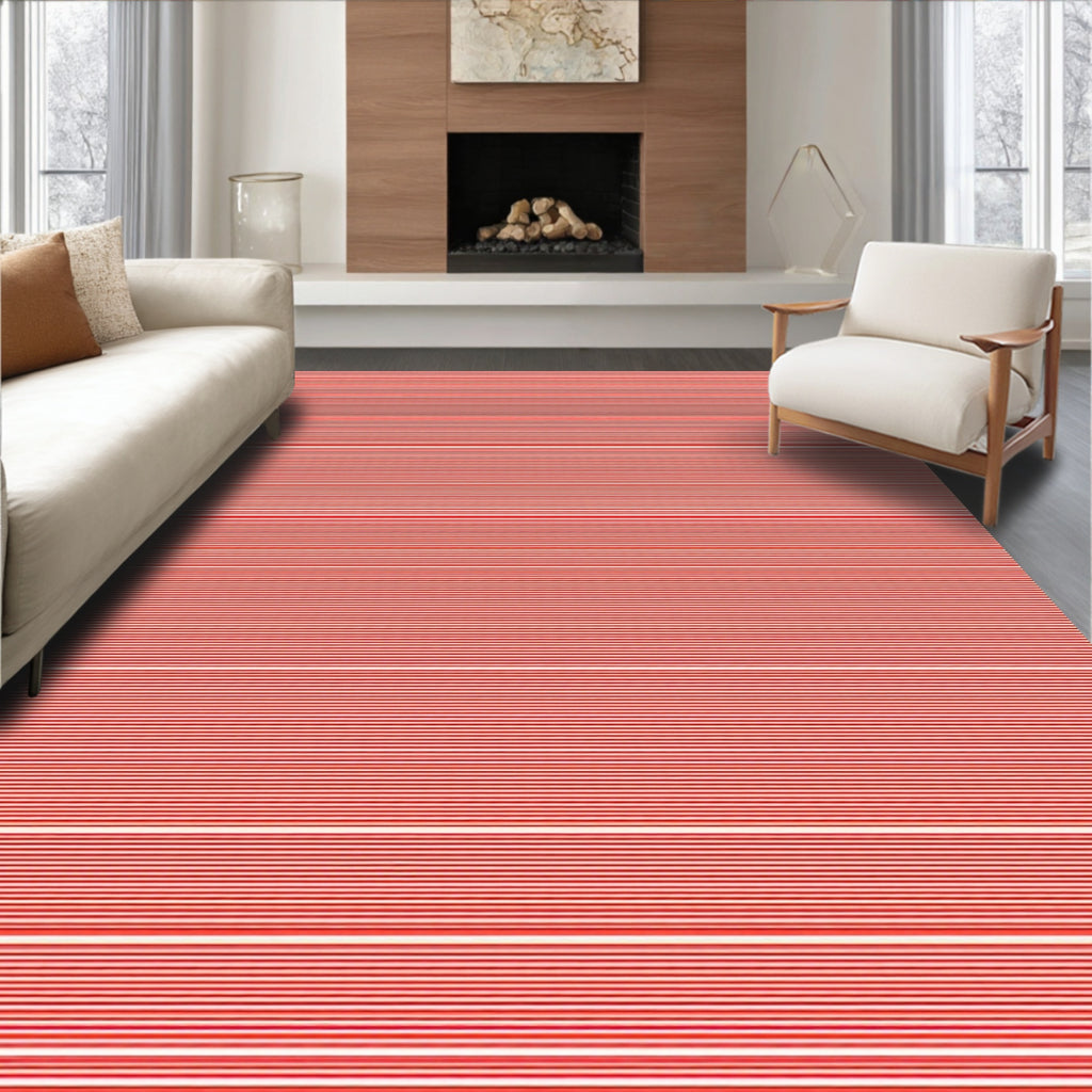 Bold Red White Striped Pattern Rug