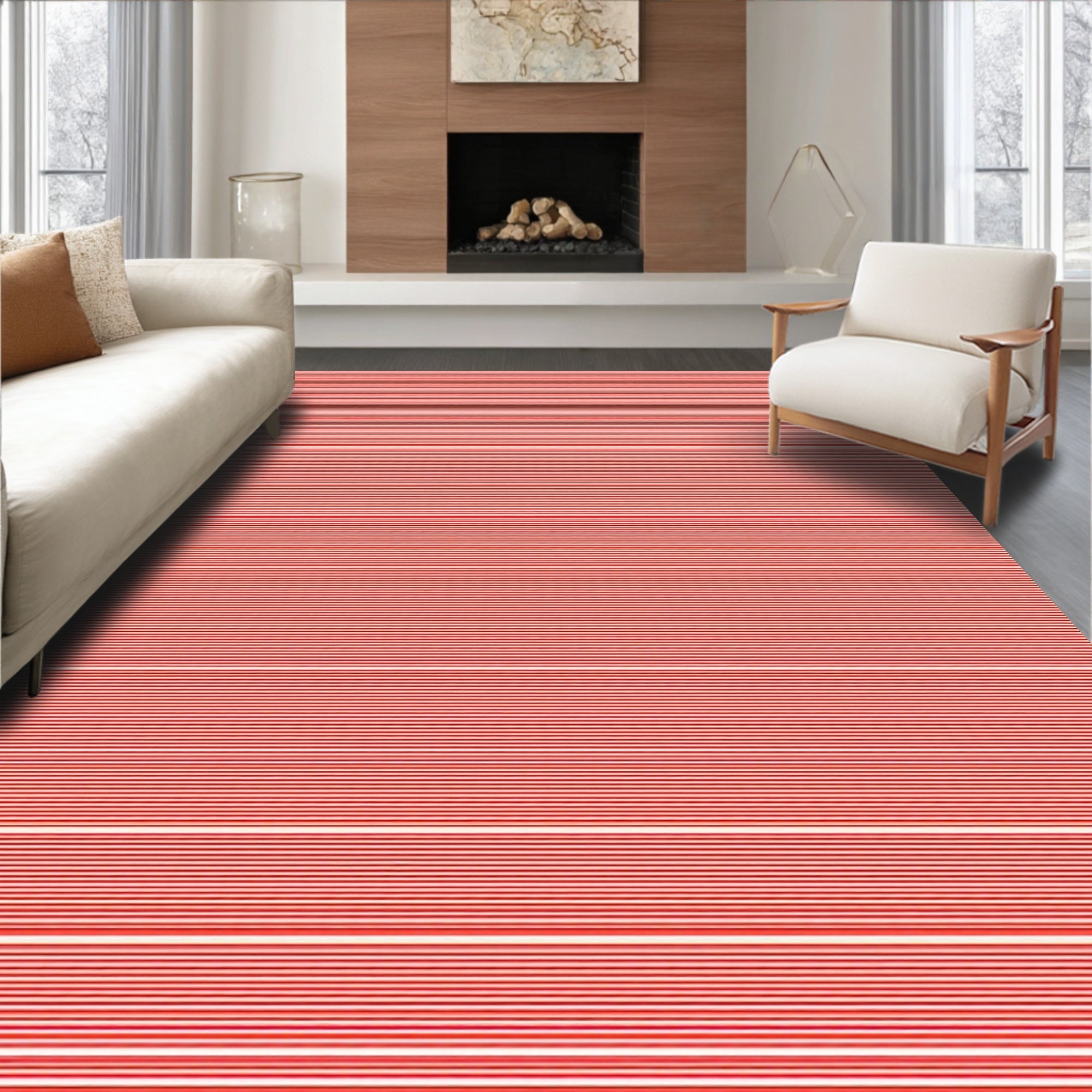 Bold Red White Striped Pattern Rug