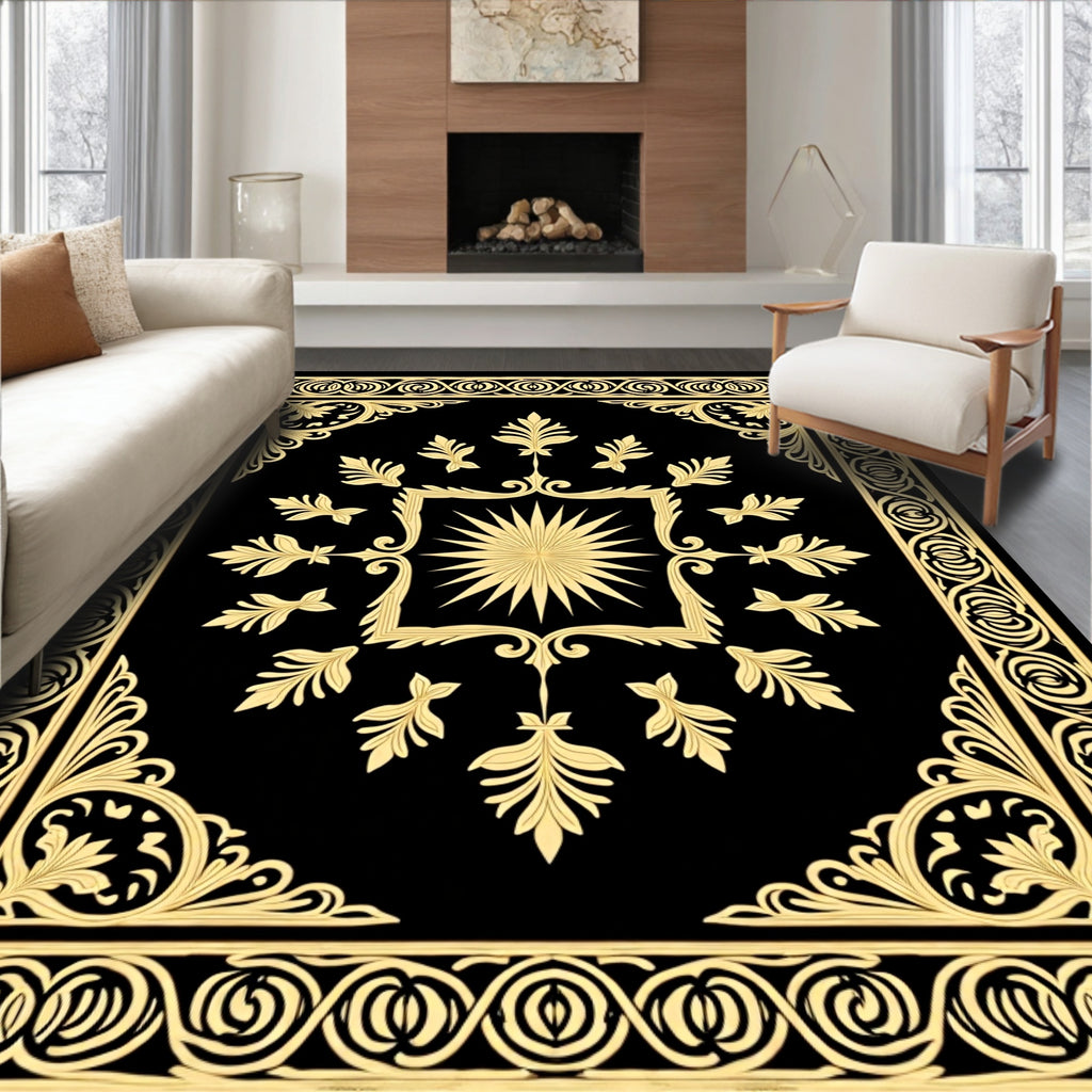 Elegant Gold Floral Inlay Pattern Rug
