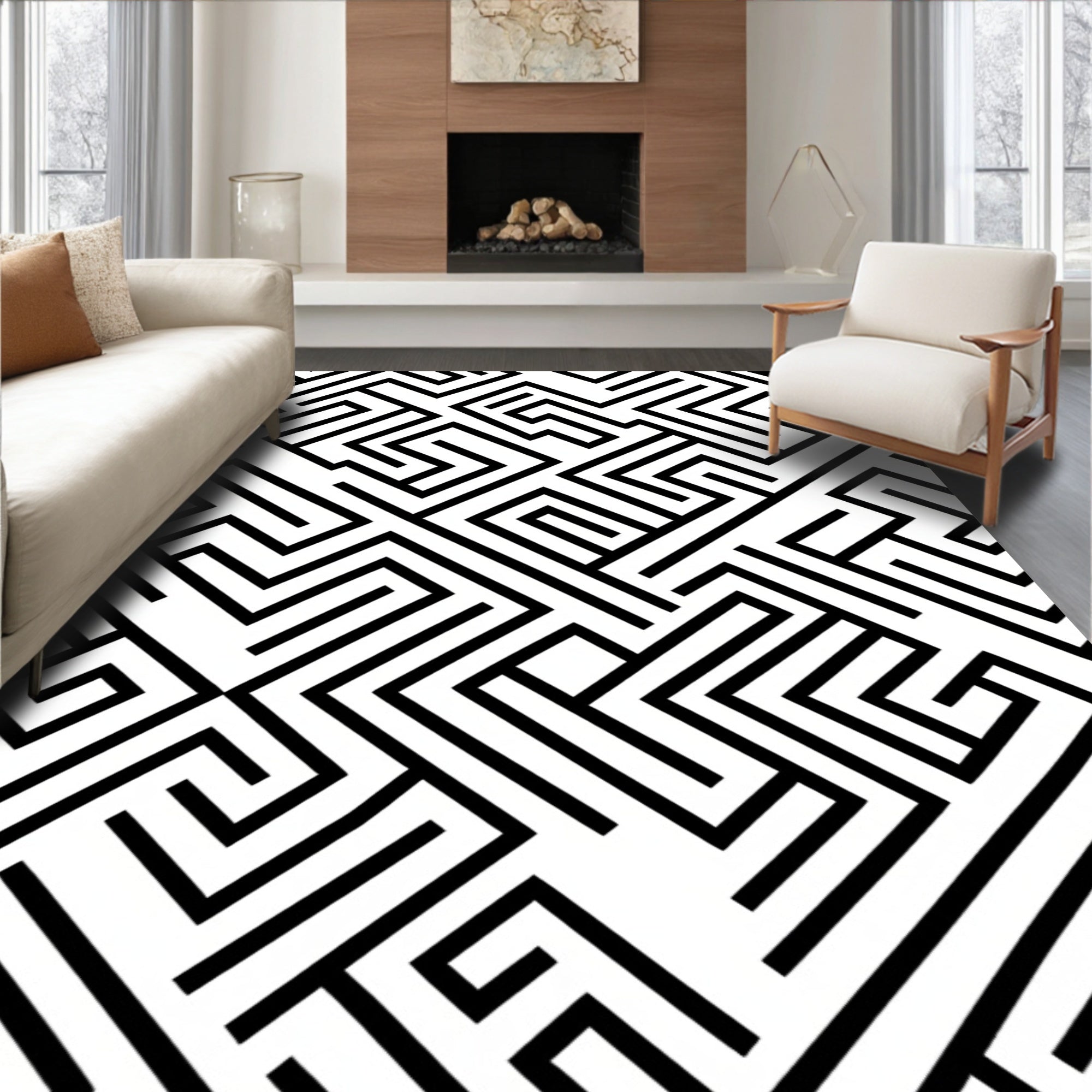 Abstract Black White Maze Design Rug