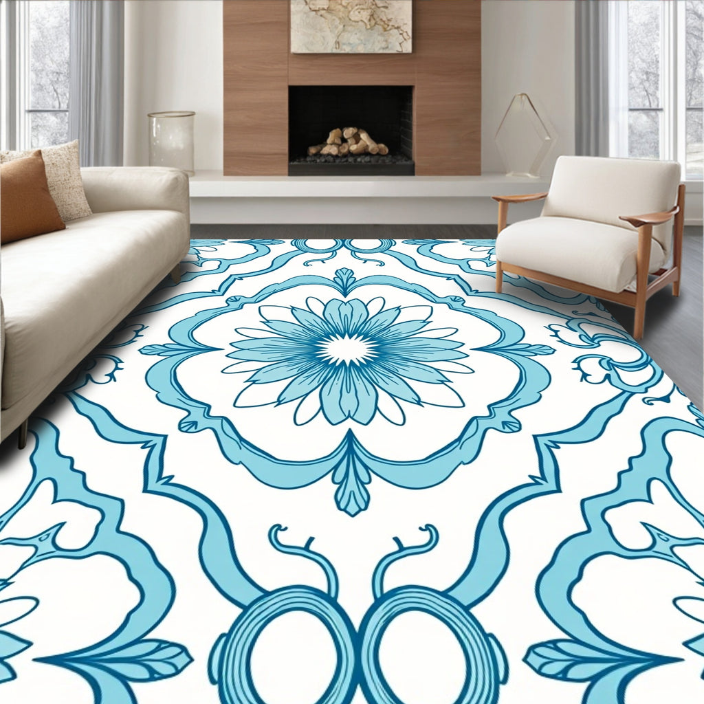 Floral Scrollwork Aqua Pattern Rug