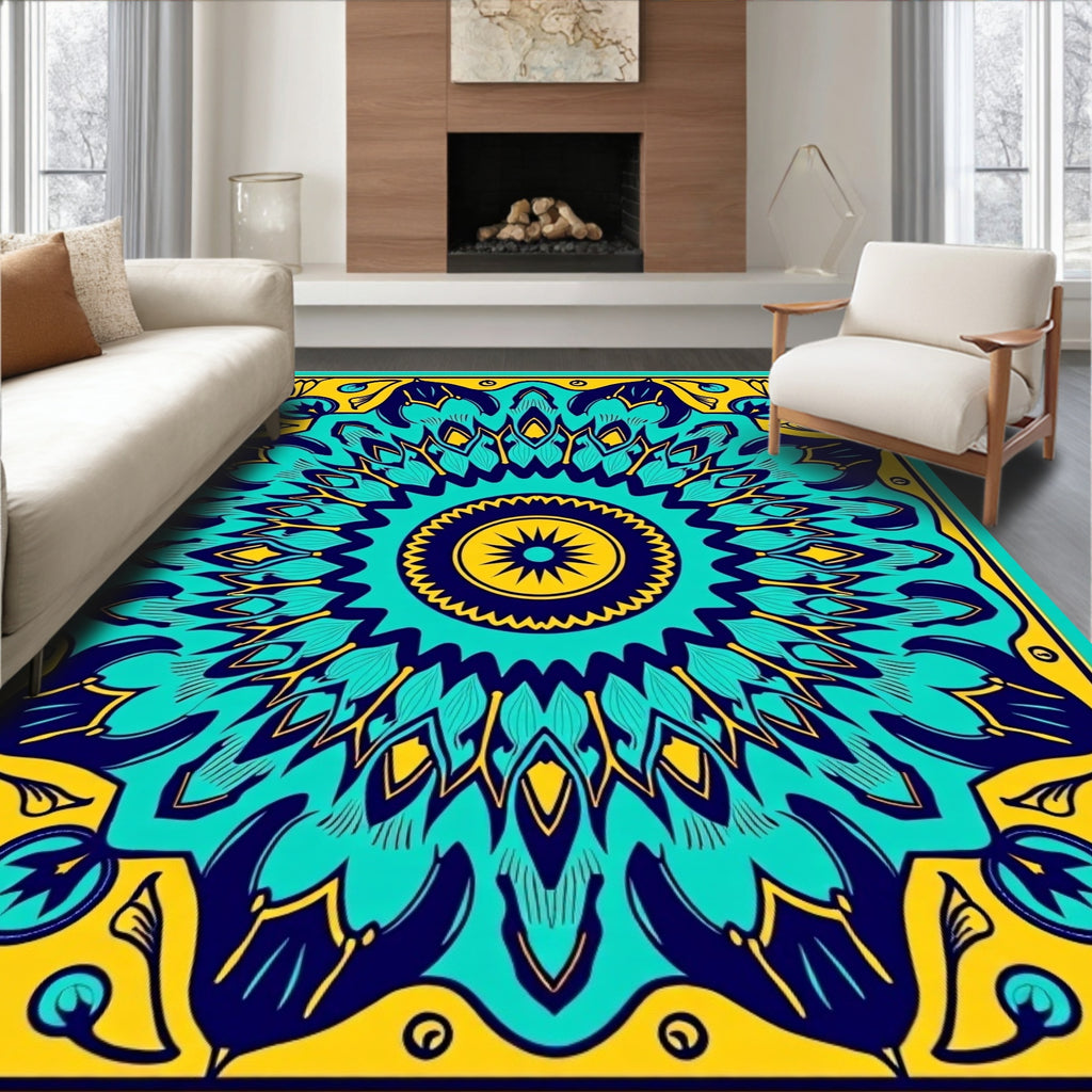 Bold Teal Yellow Sunburst Medallion Rug