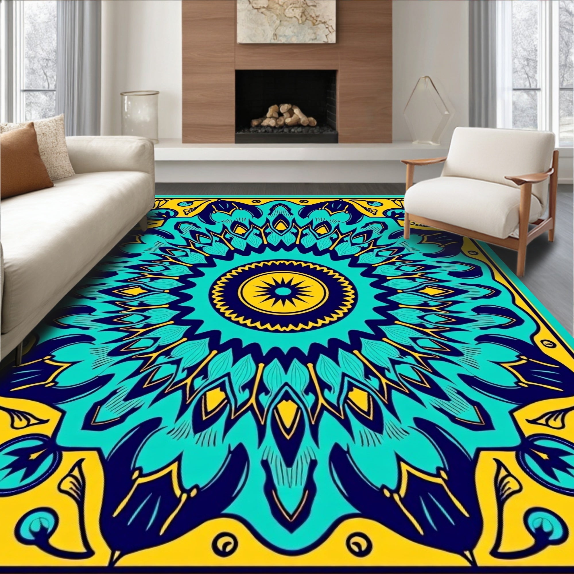 Bold Teal Yellow Sunburst Medallion Rug