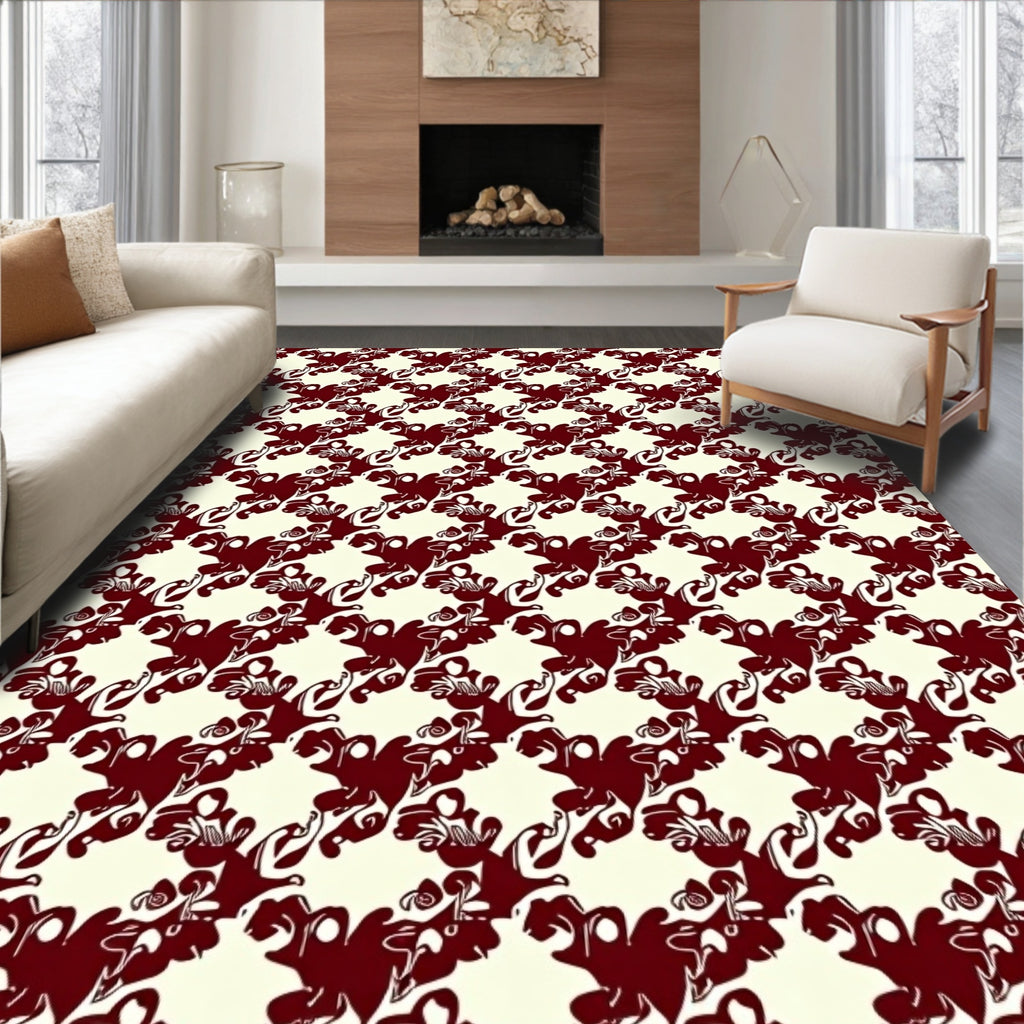 Crimson Cream Floral Abstract Pattern Rug