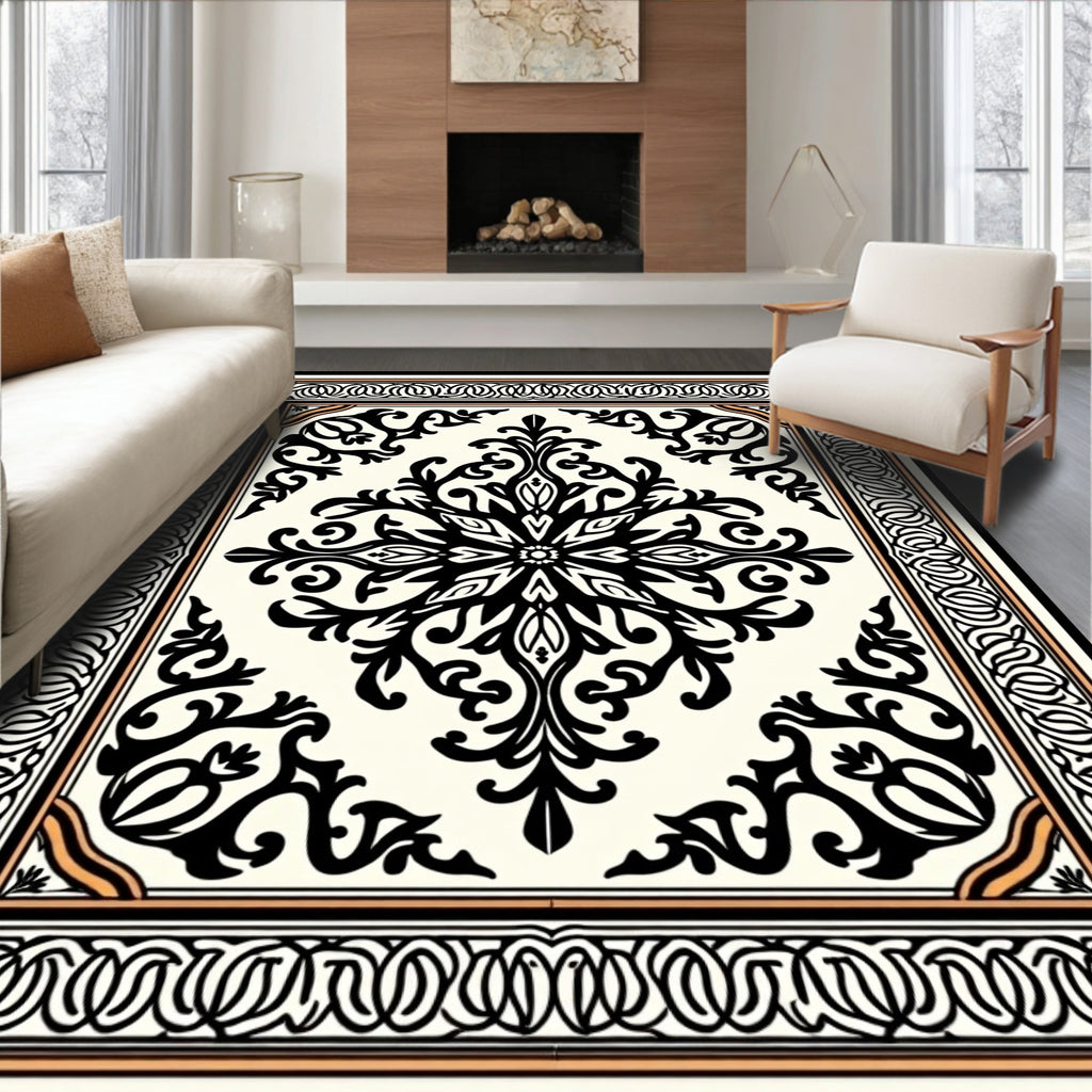 Ornate Black White Floral Scroll Rug