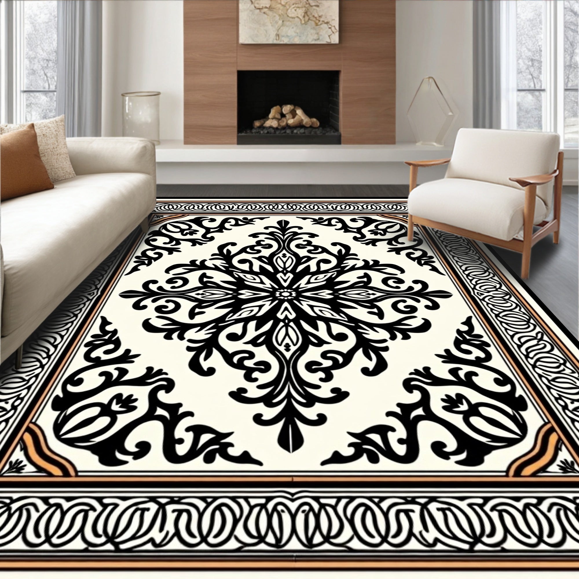 Ornate Black White Floral Scroll Rug