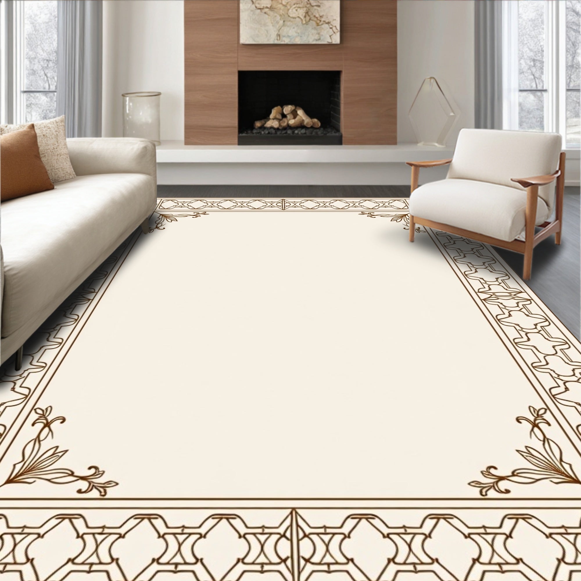 Elegant Brown Geometric Floral Borders Rug