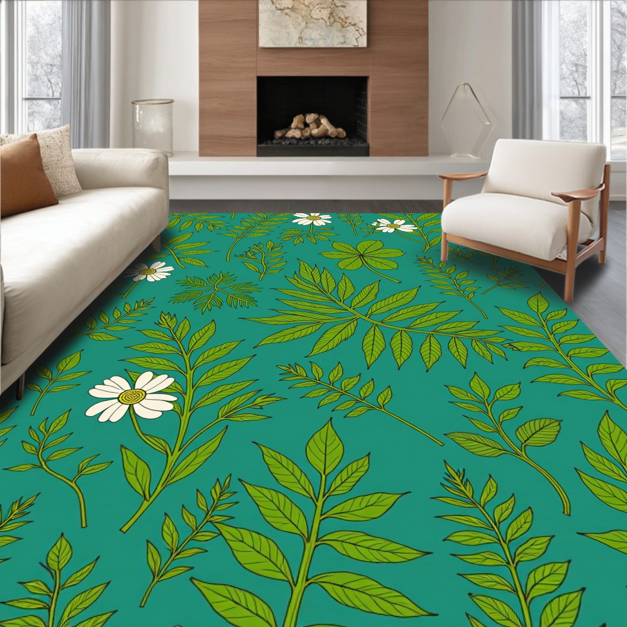 Verdant Foliage And Daisy Pattern Rug