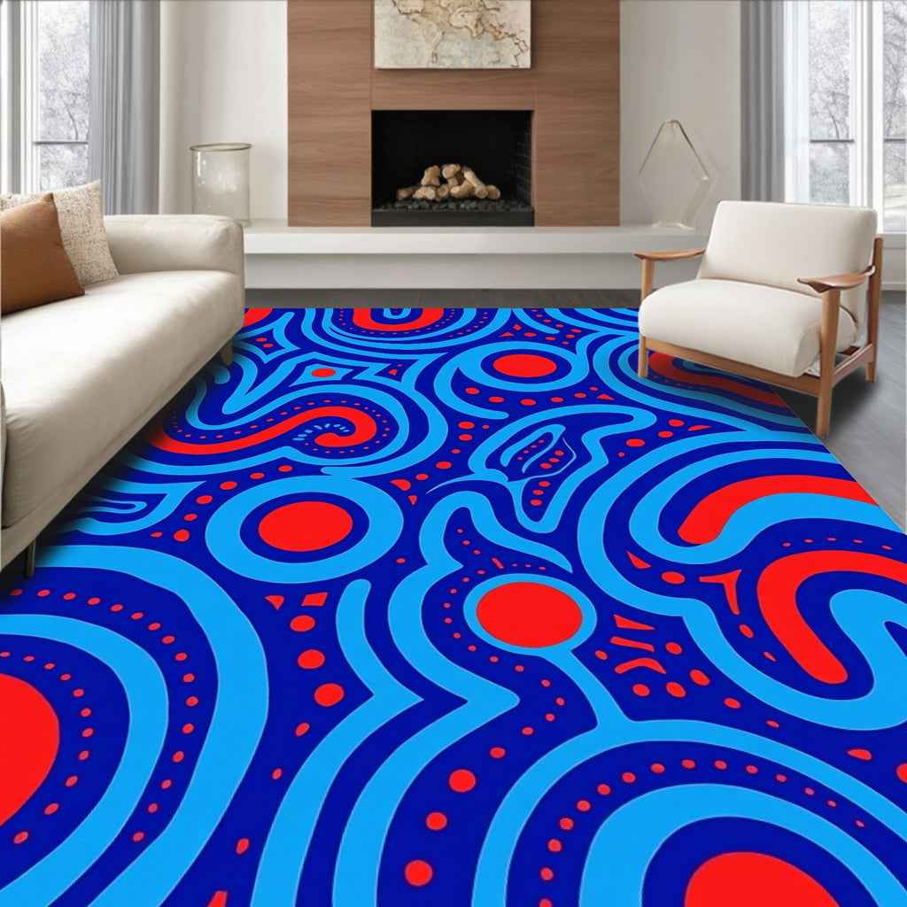 Abstract Blue Red Spiral Pattern Rug