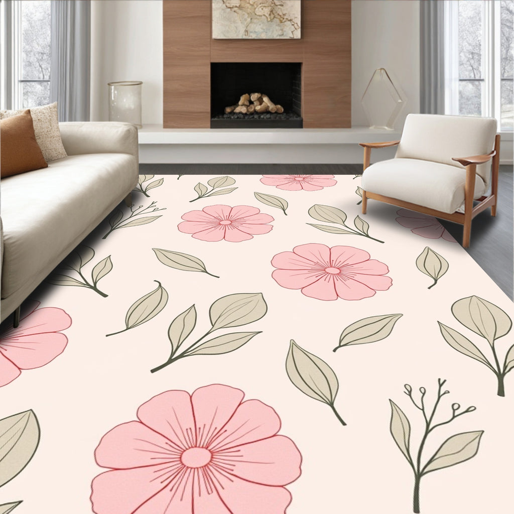 Delicate Pink Blossom Leaf Pattern Rug