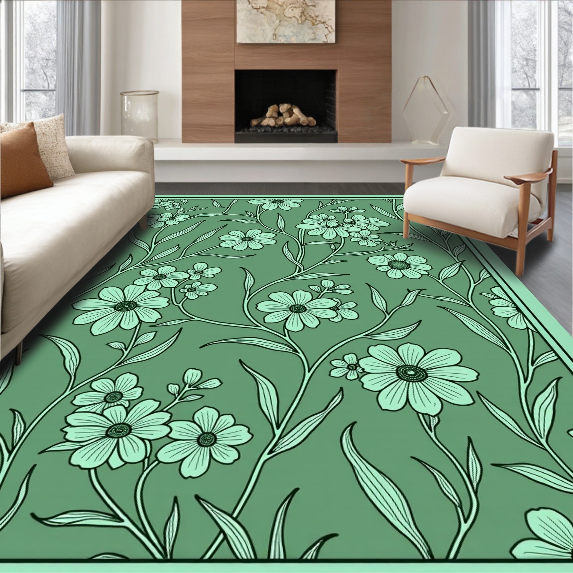 Sage Green Floral Vine Art Rug