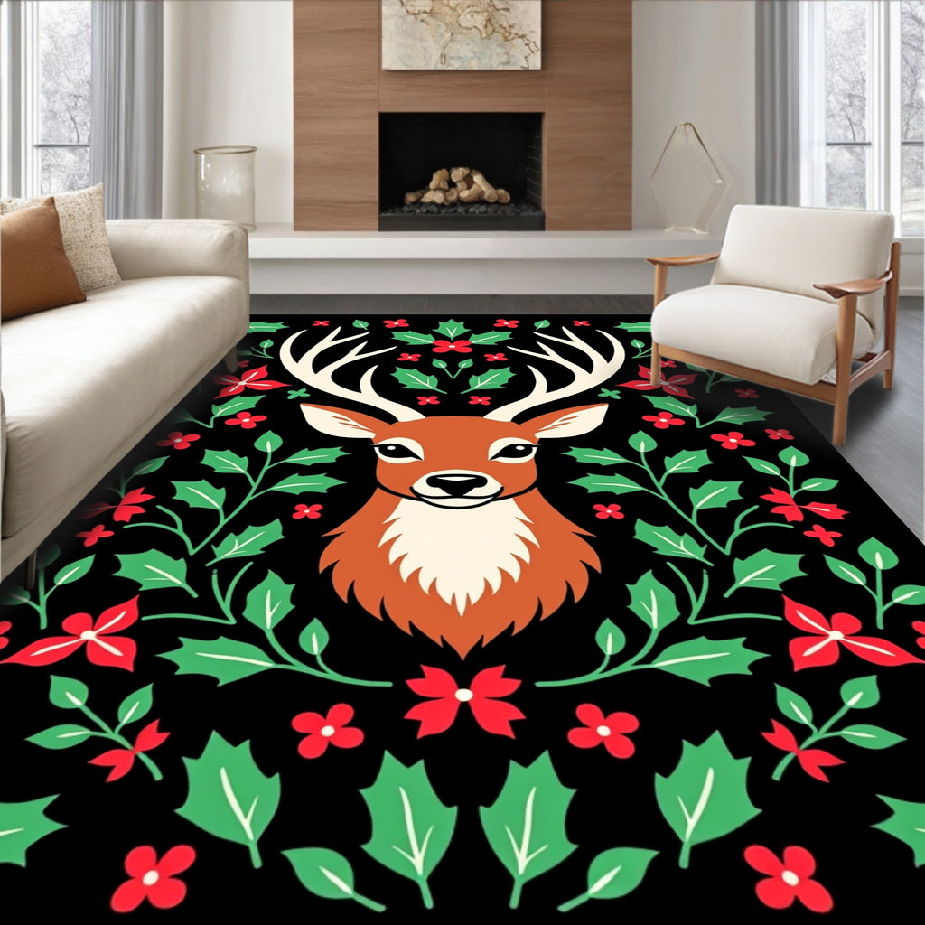 Rustic Red Green Holly Deer Illustration Rug