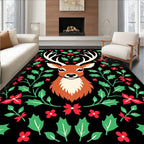 Rustic Red Green Holly Deer Illustration Rug