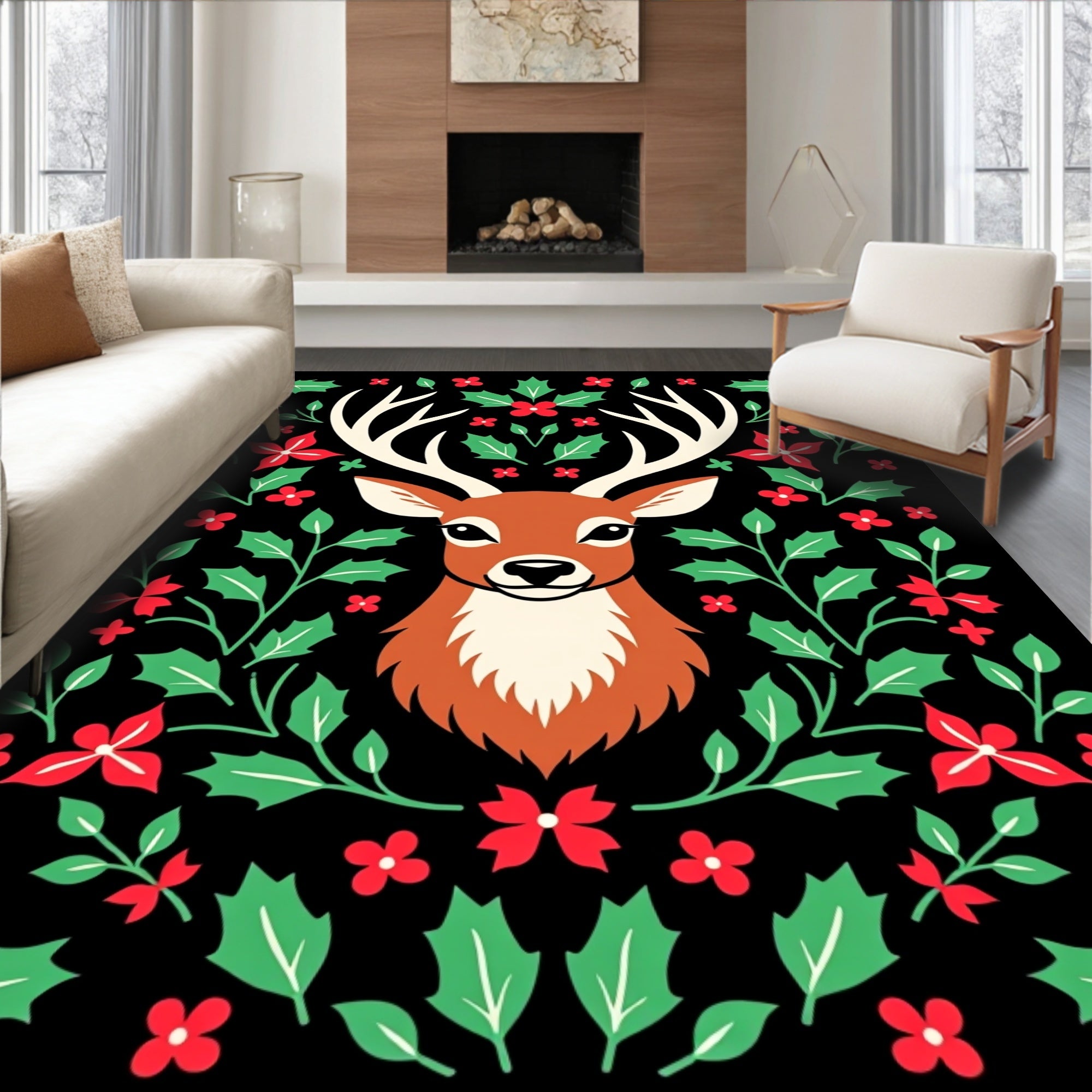 Rustic Red Green Holly Deer Illustration Rug