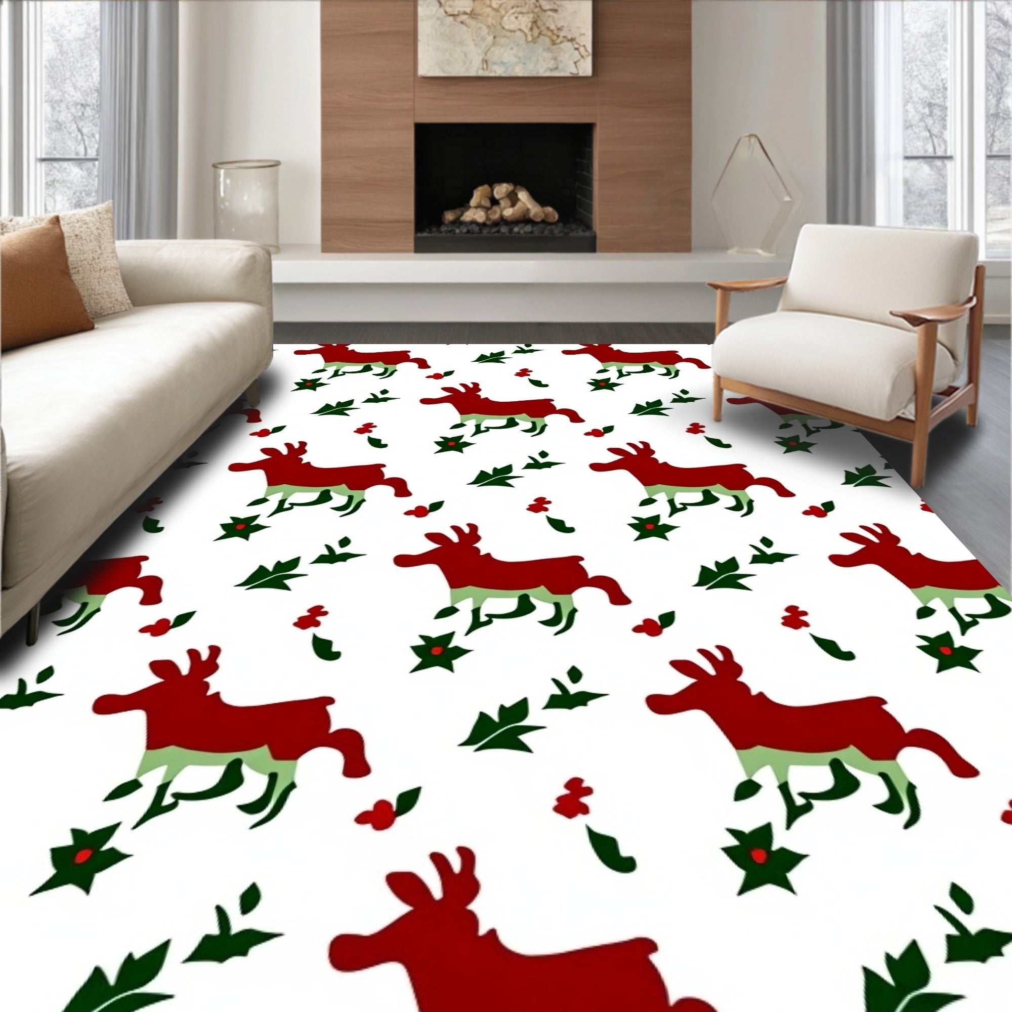 Red Reindeer Holly Berry Collage Rug