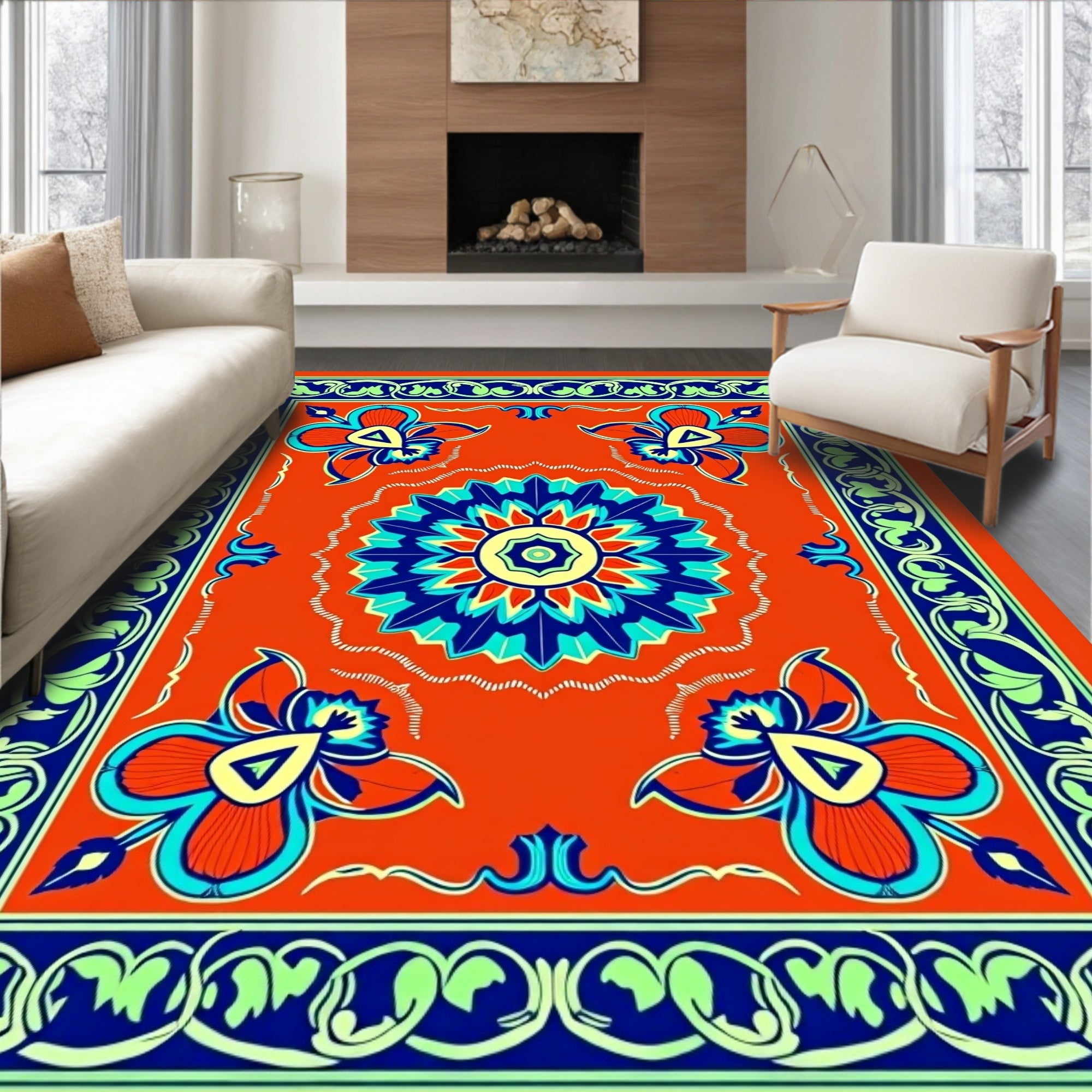 Bold Floral Medallion With Scroll Border Rug