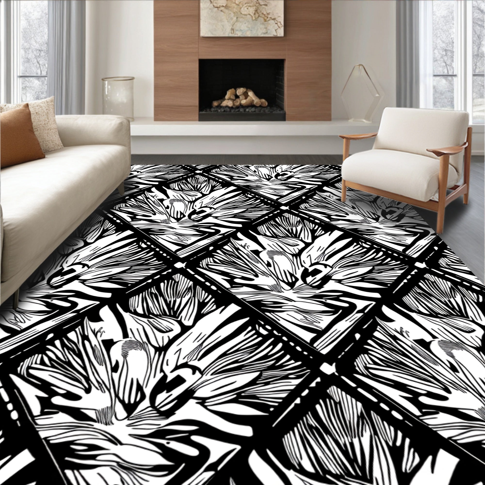 Dramatic Linear Floral Diamond Pattern Rug