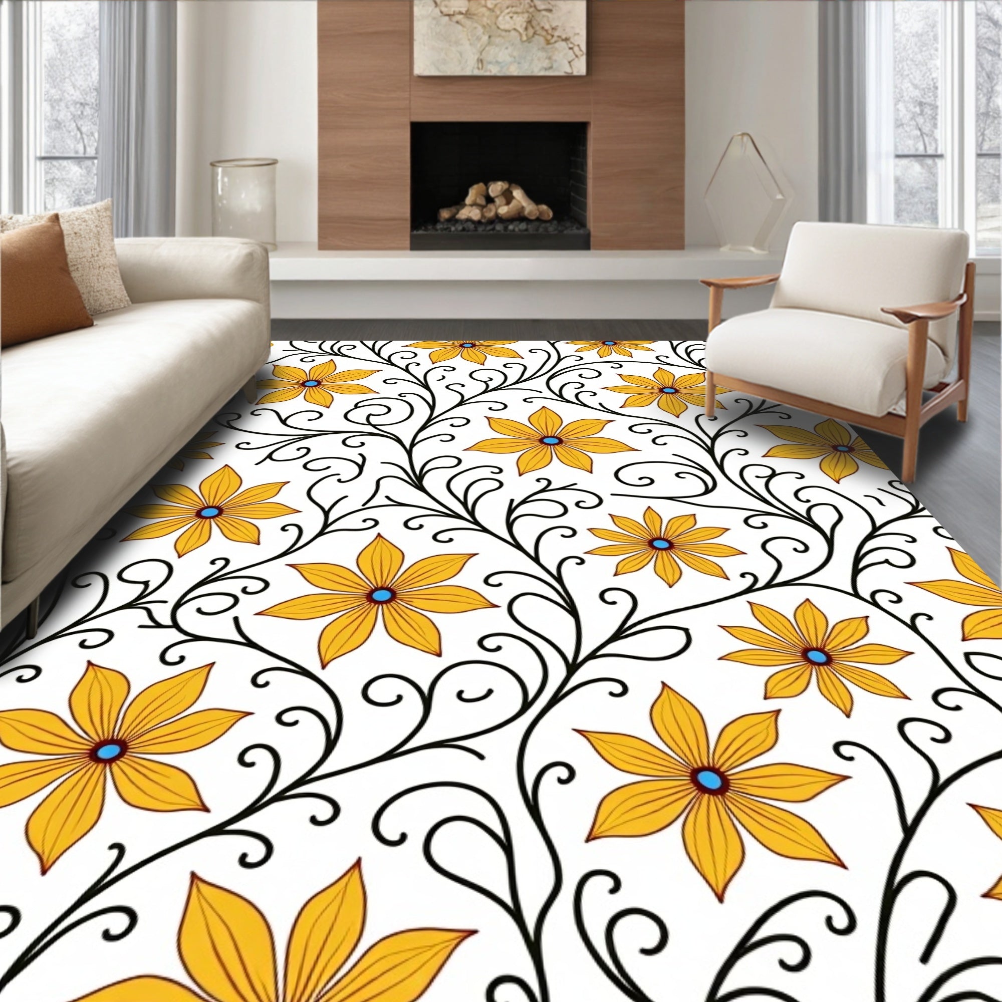 Yellow Floral Vine Pattern Rug