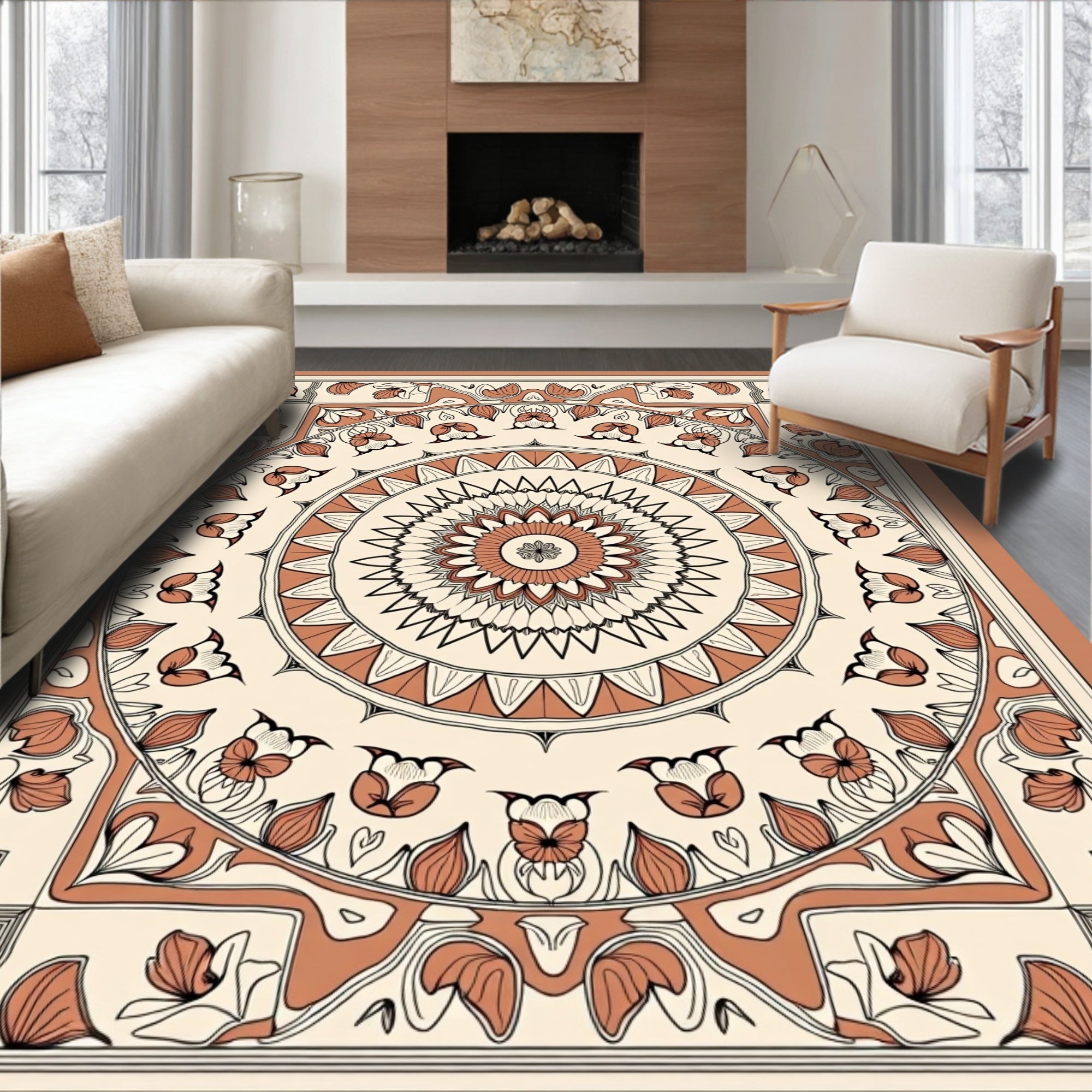 Mandala Floral Patterned Terracotta Rug