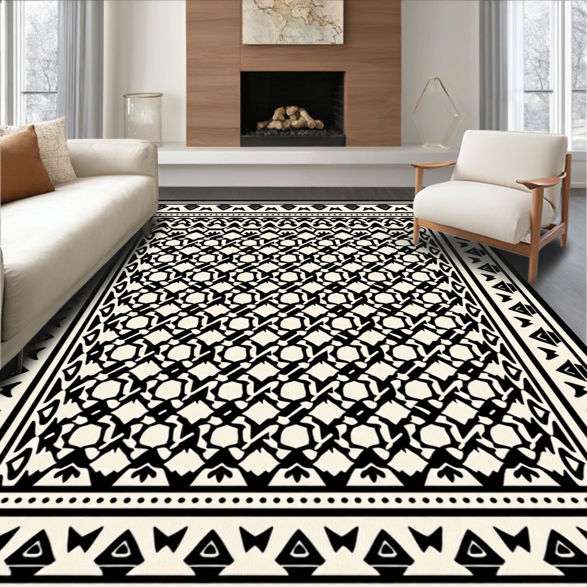 Complex Geometric Black and Cream Pattern Rug