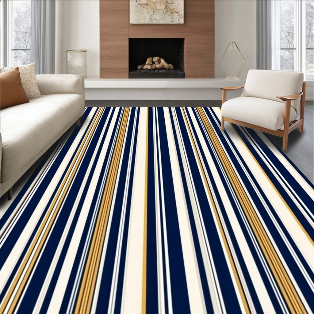 Striped Pattern In Navy Cream Gold Rug