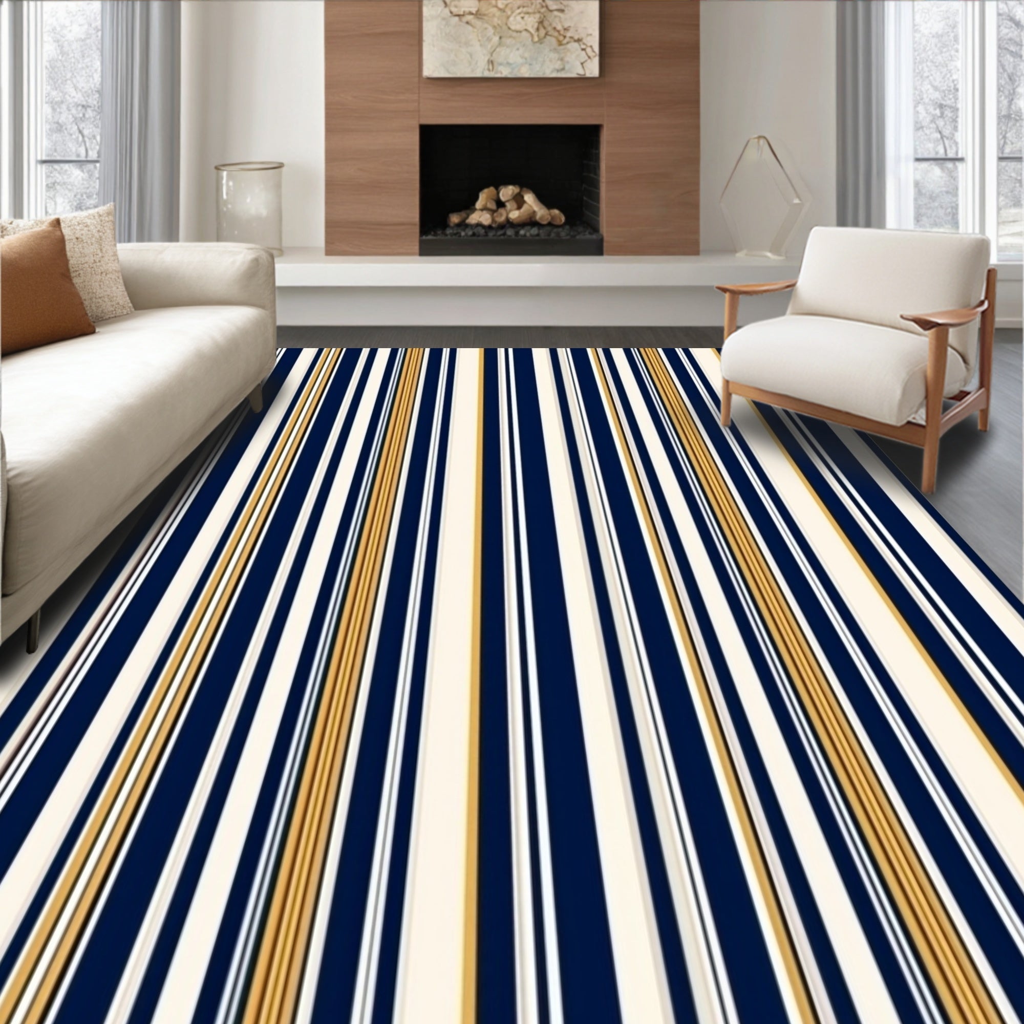 Striped Pattern In Navy Cream Gold Rug