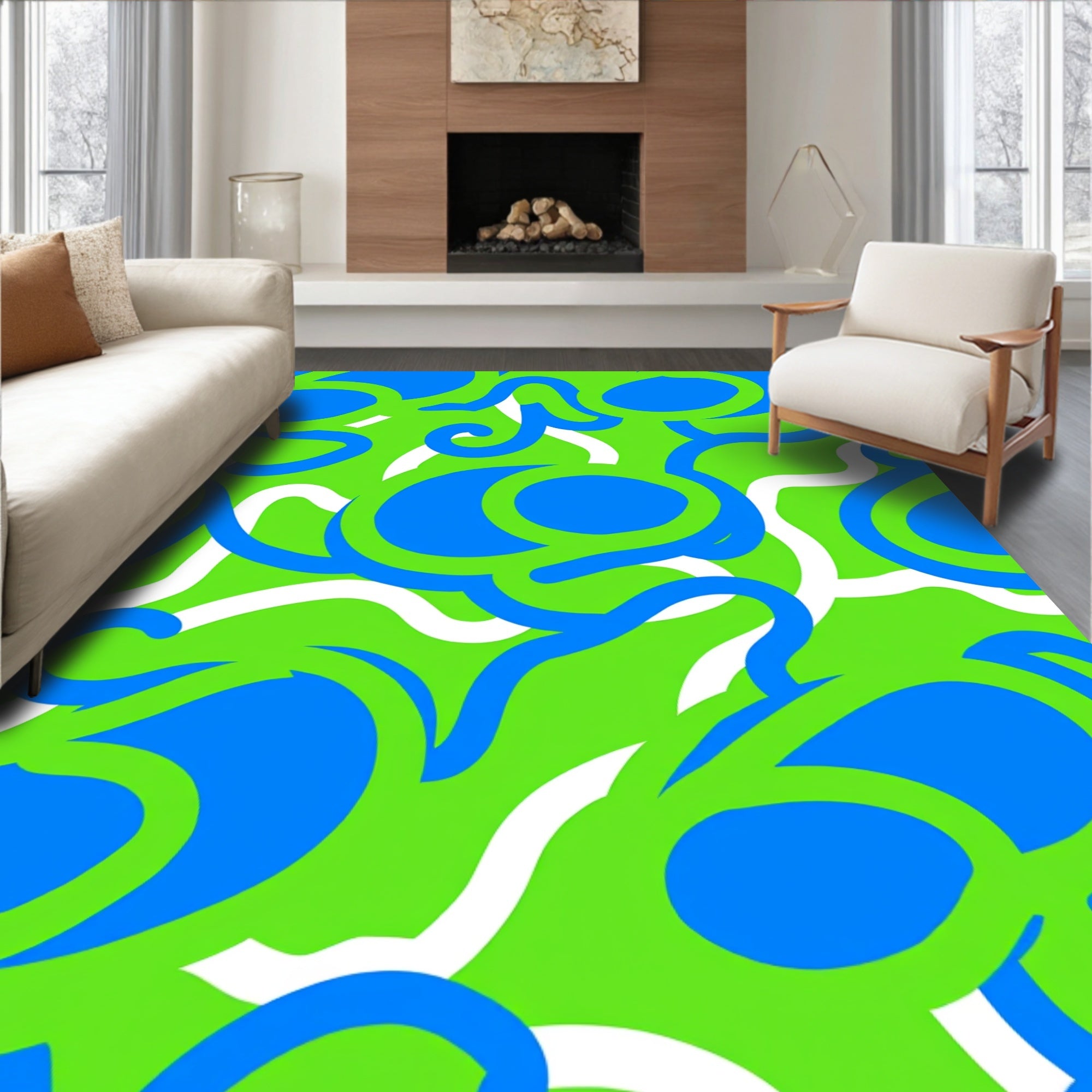 Vibrant Blue White Swirls Pattern Rug