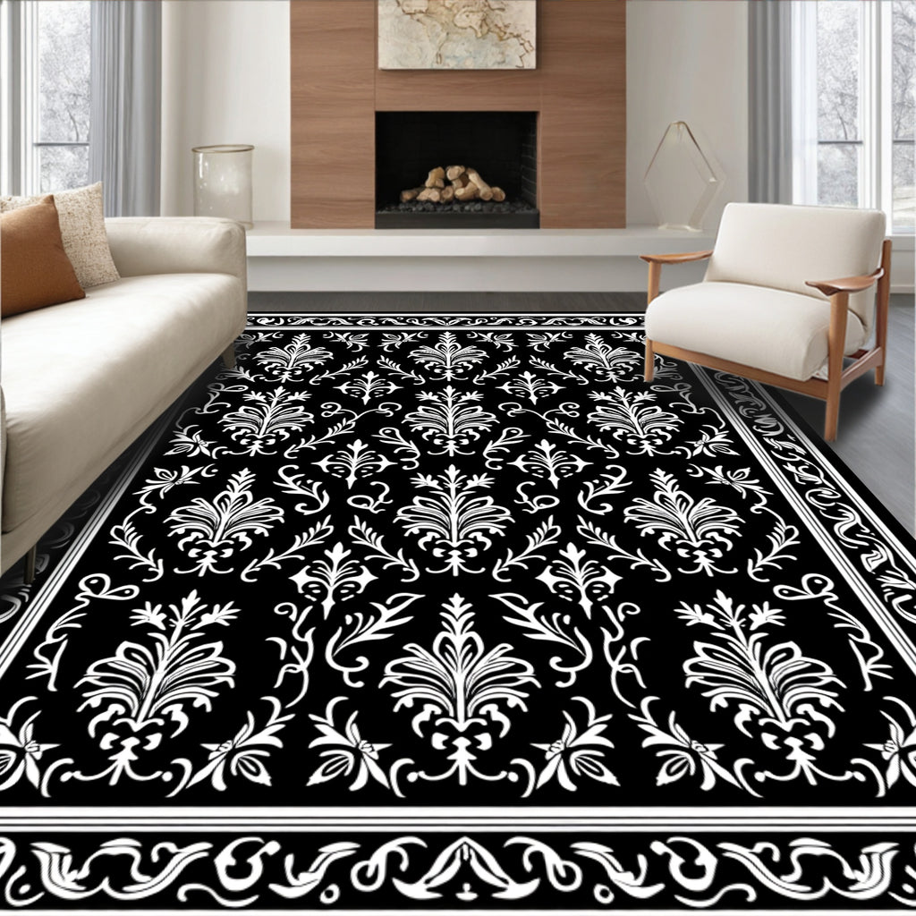 Black White Damask Floral Pattern Rug