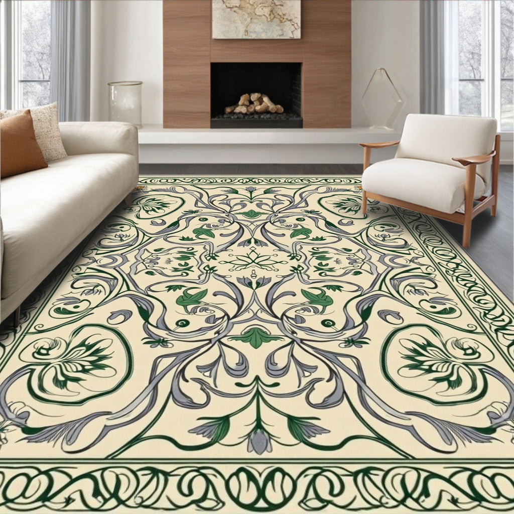 Cream Olive Green Floral Swirl Rug