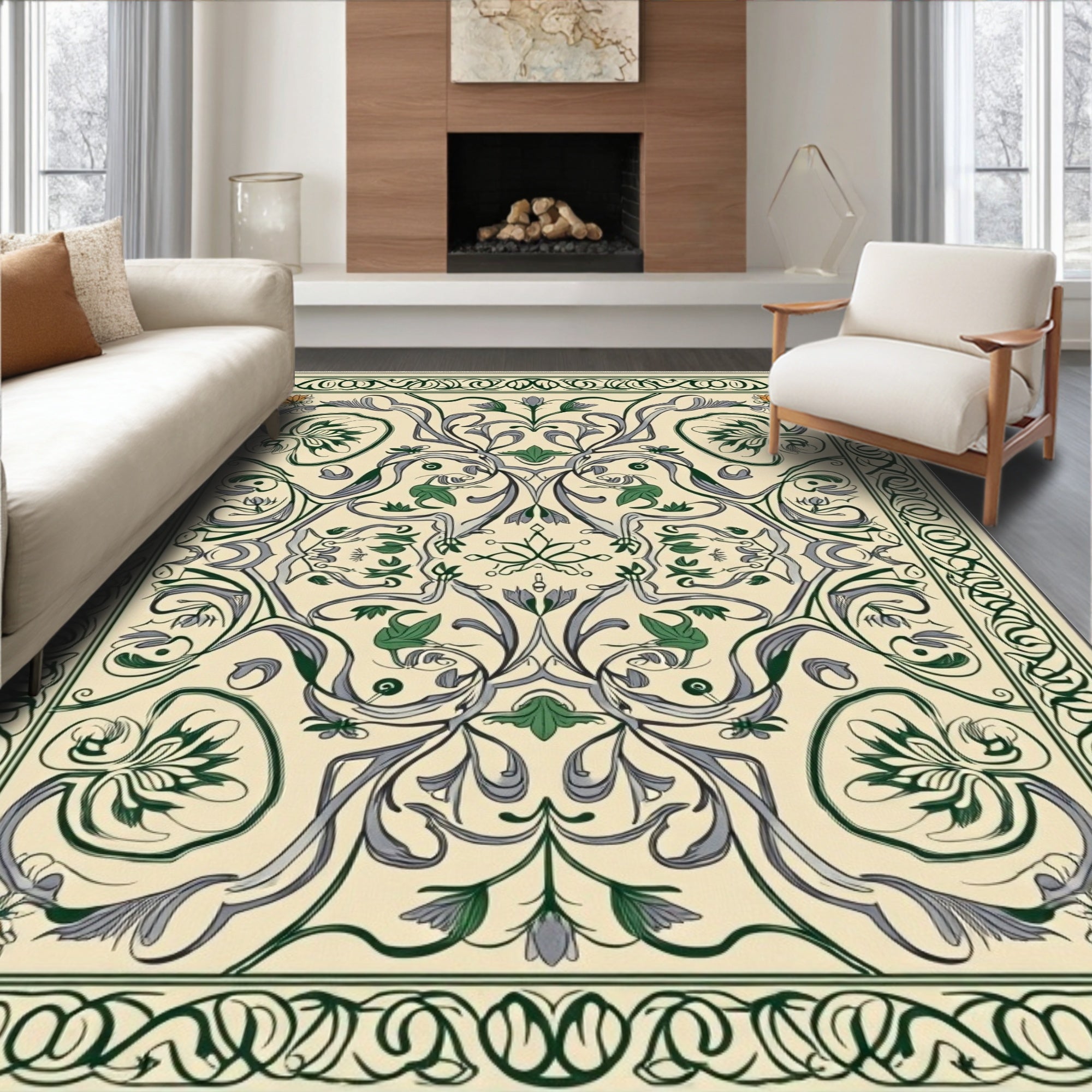 Cream Olive Green Floral Swirl Rug