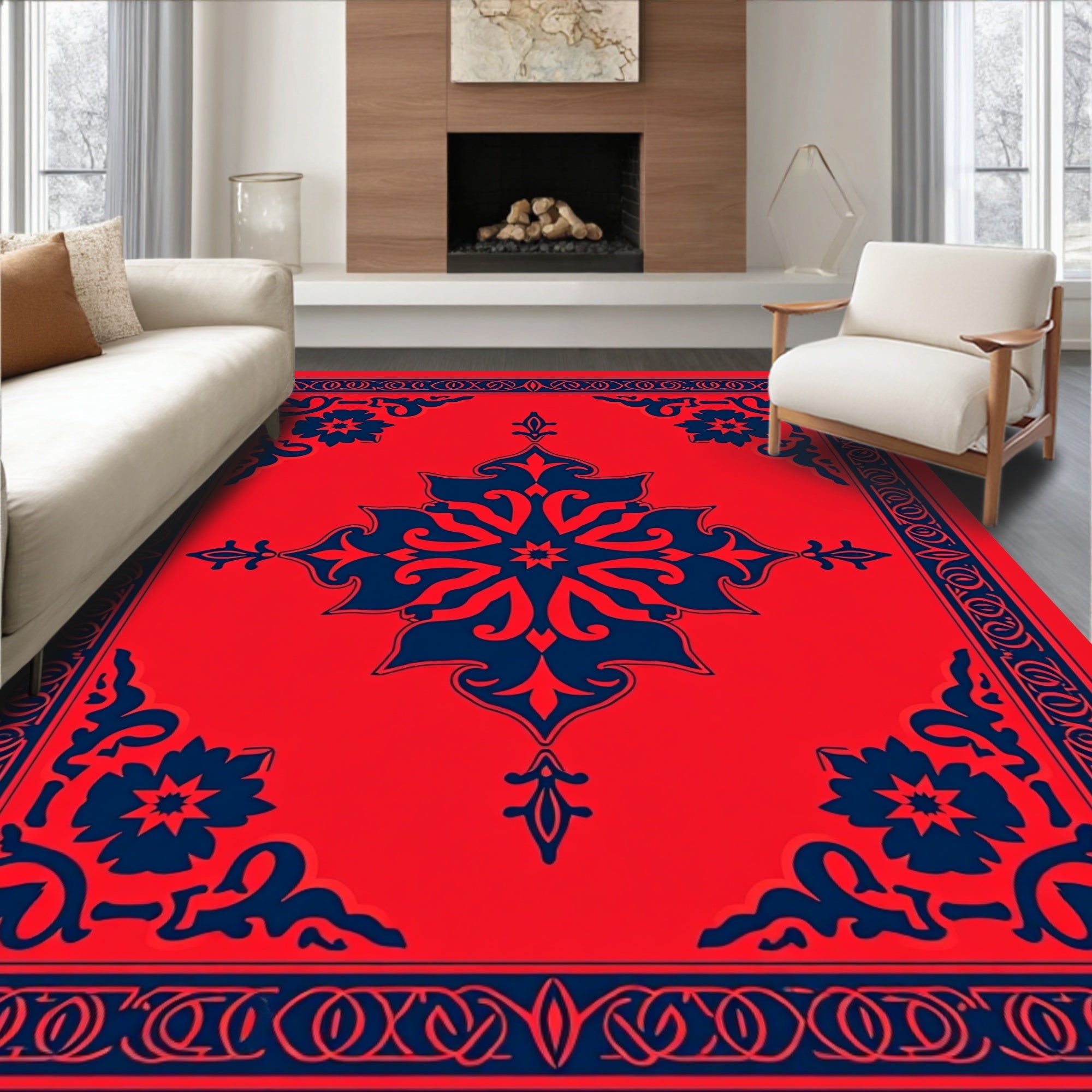 Bold Floral Medallion Red Navy Rug