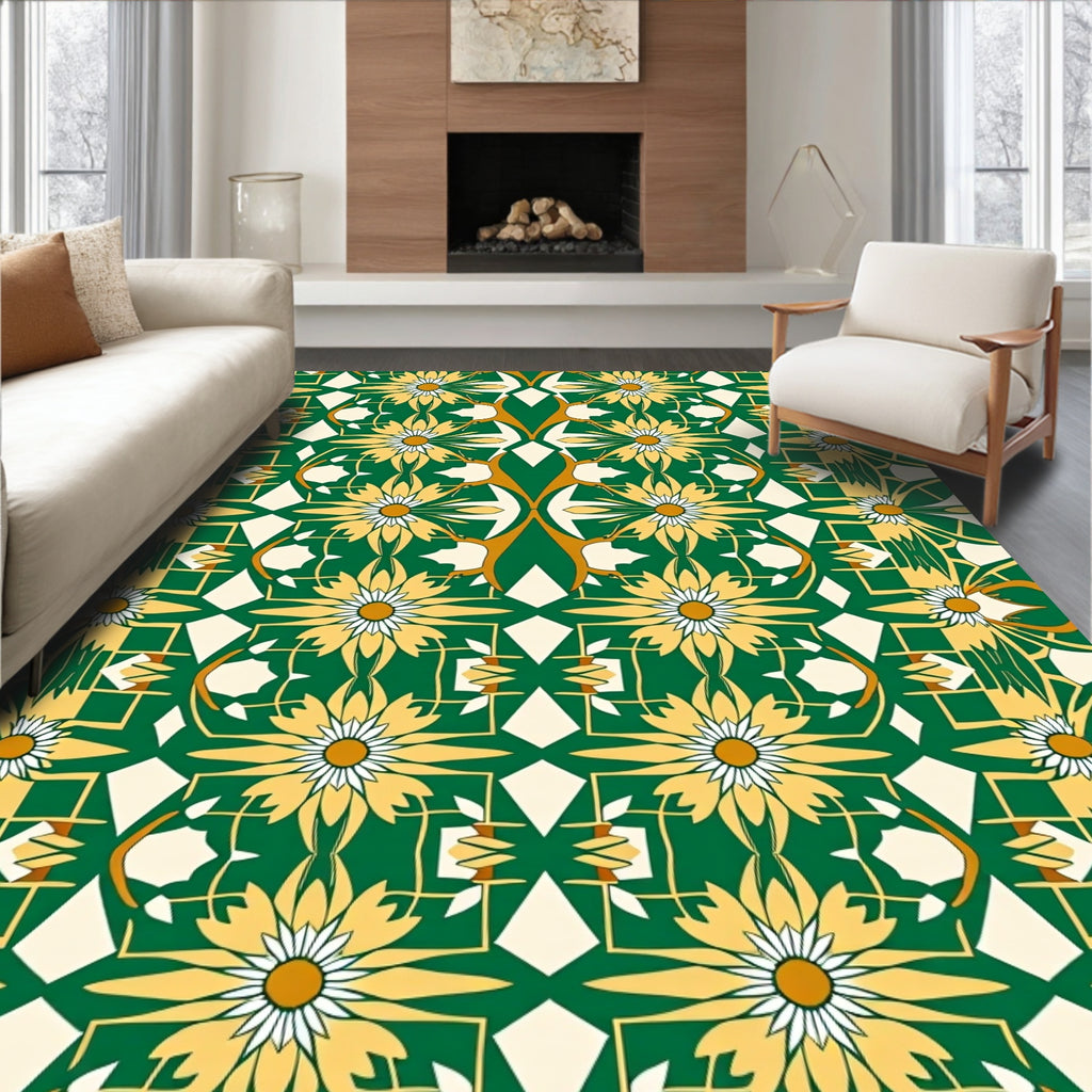 Golden Daisy Floral Geometric Pattern Rug