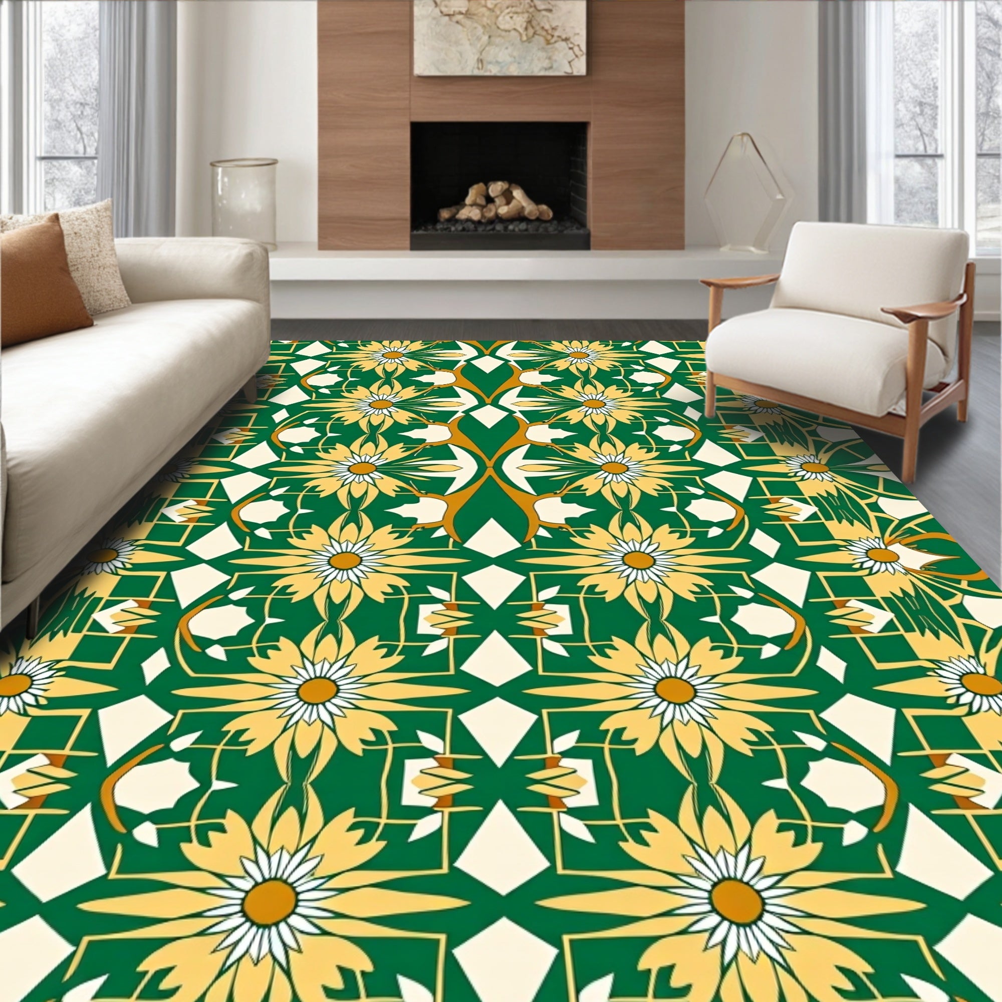 Golden Daisy Floral Geometric Pattern Rug
