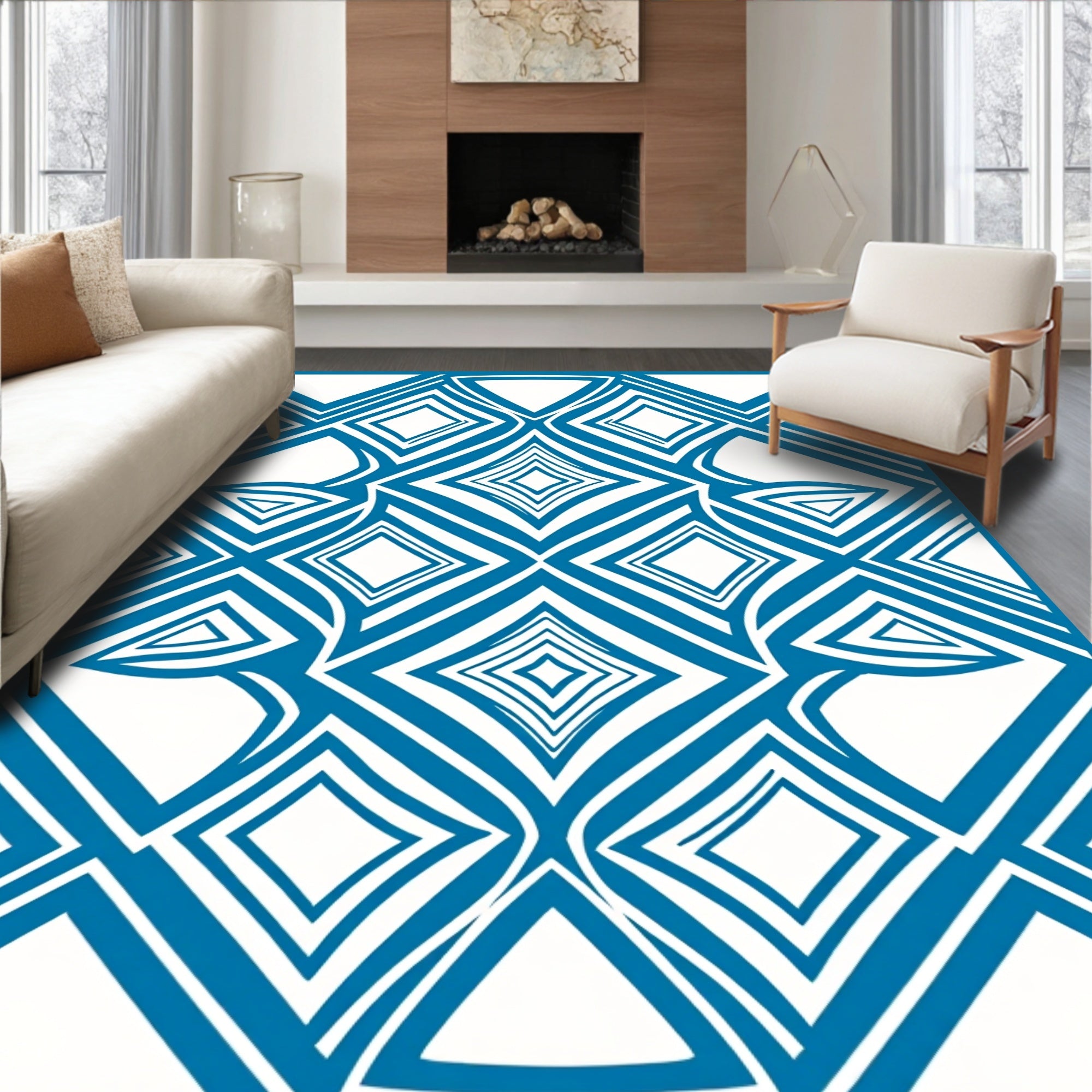 Abstract Blue Diamond Geometric Pattern Rug