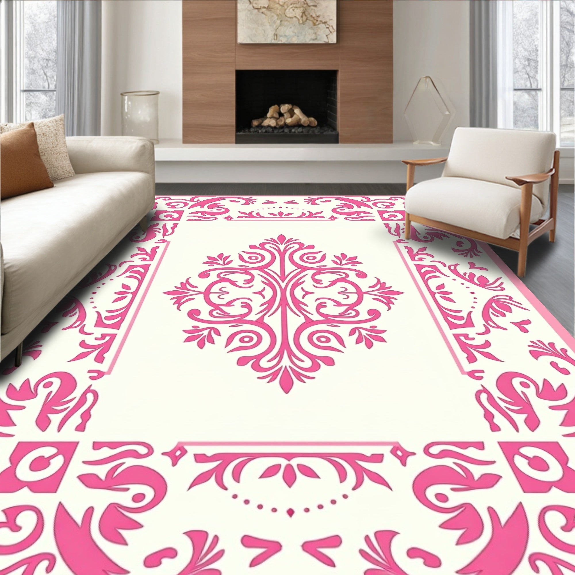Ornate Pink Damask Border Rug