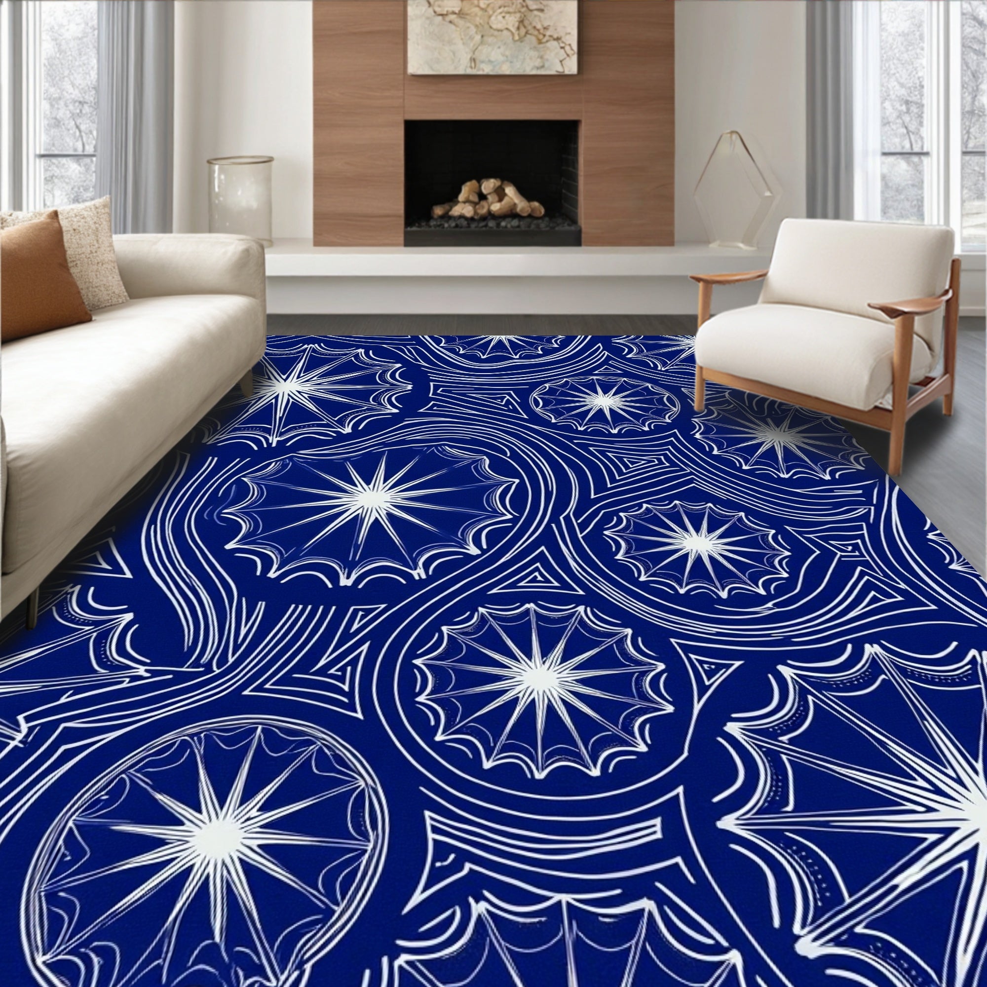 White Starburst Abstract Geometric Pattern Rug