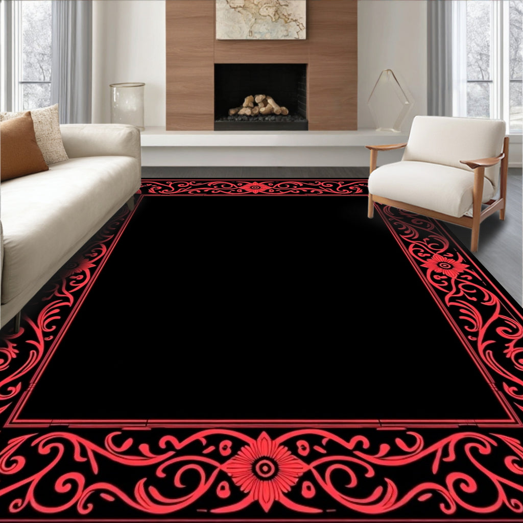 Red Floral Swirl Border Design Rug