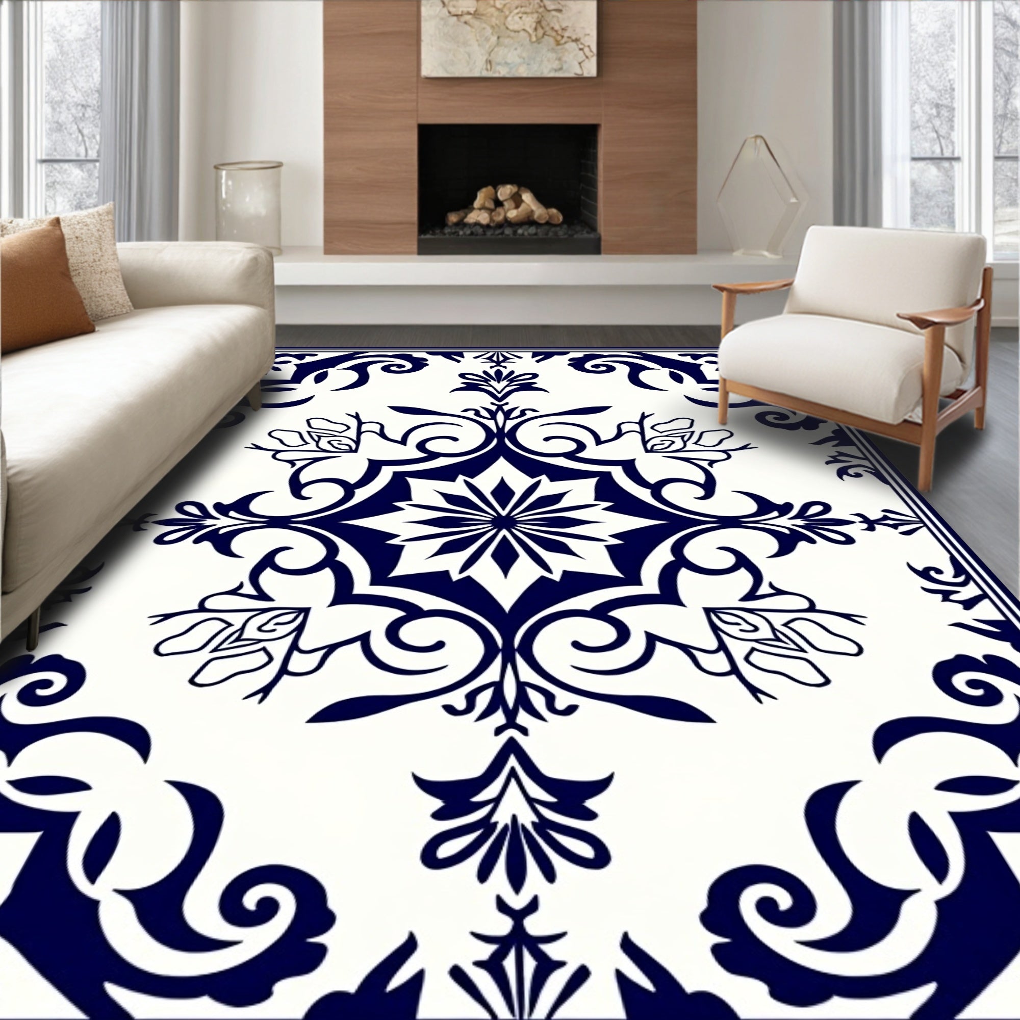 Navy Blue Vintage Floral Pattern Rug
