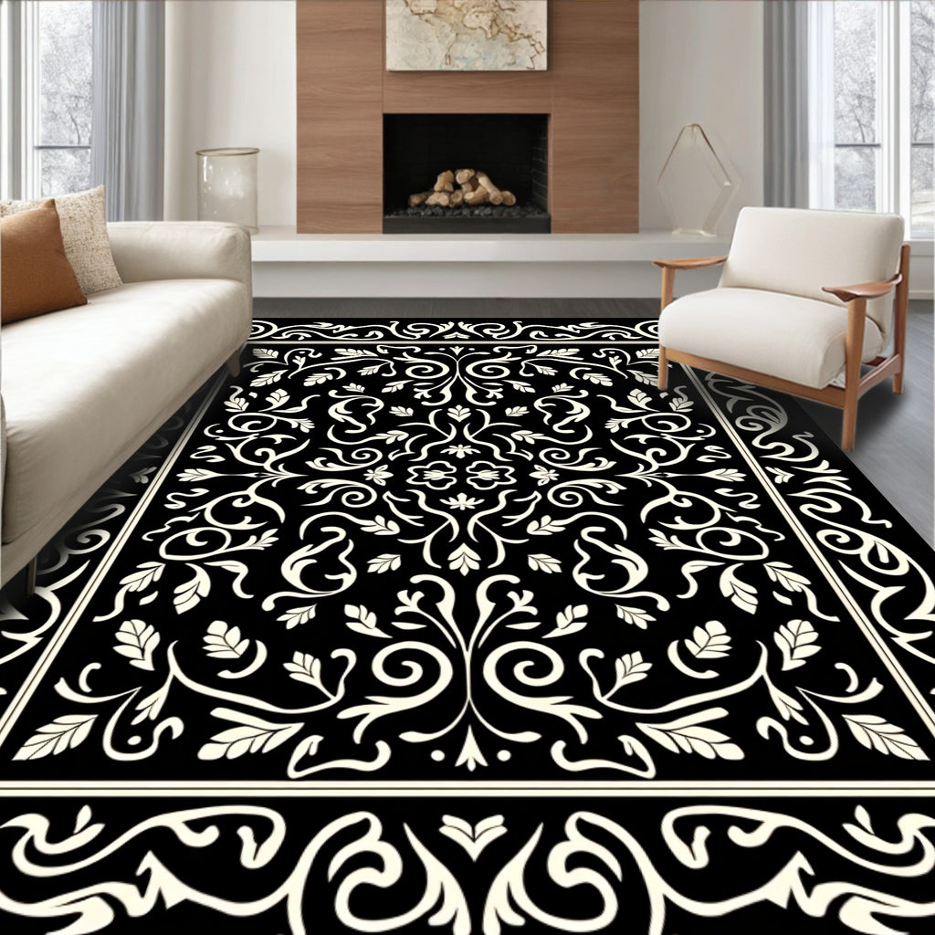 Classic Black White Leaf Pattern Rug