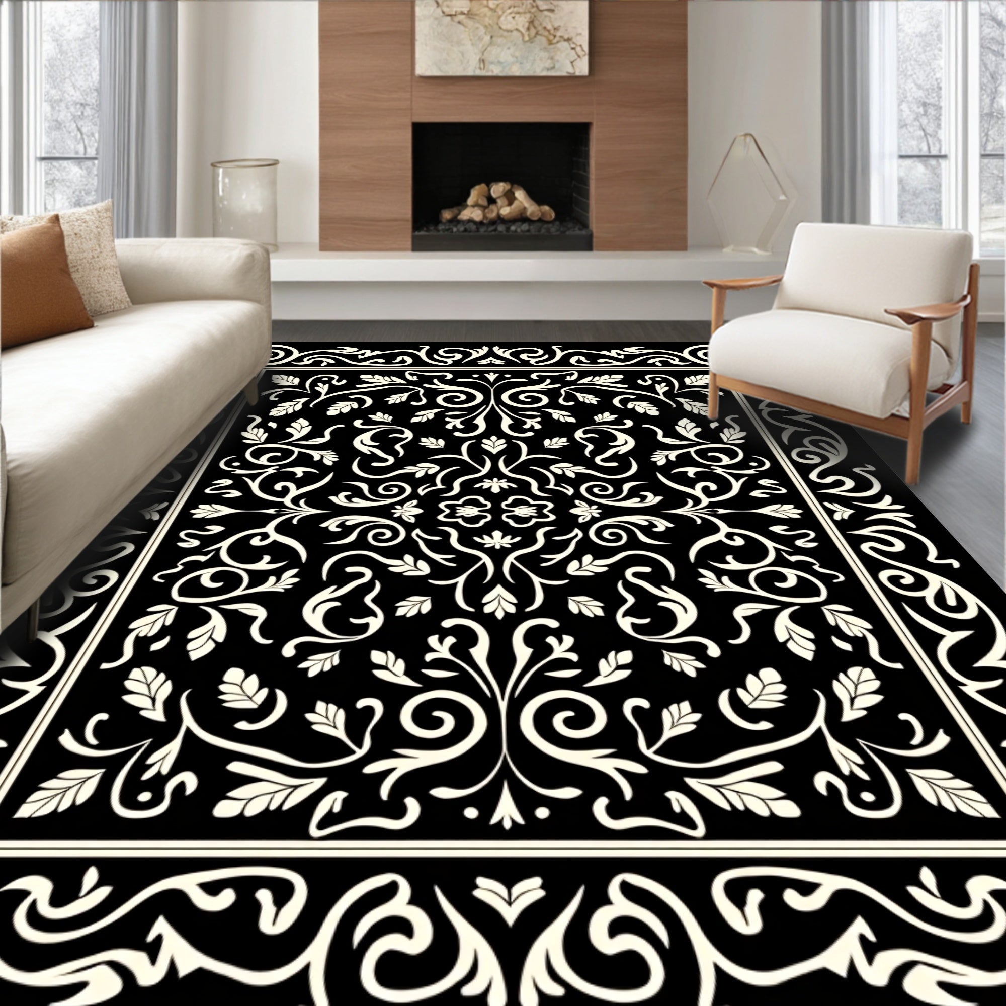 Classic Black White Leaf Pattern Rug