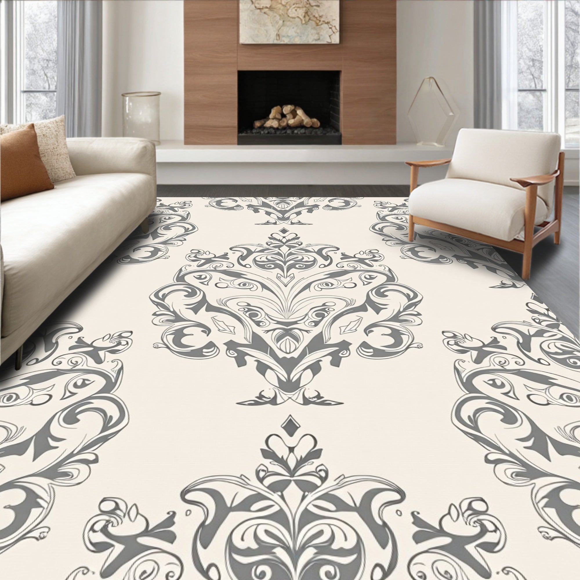 Elegant Gray Damask Ornament Pattern Rug