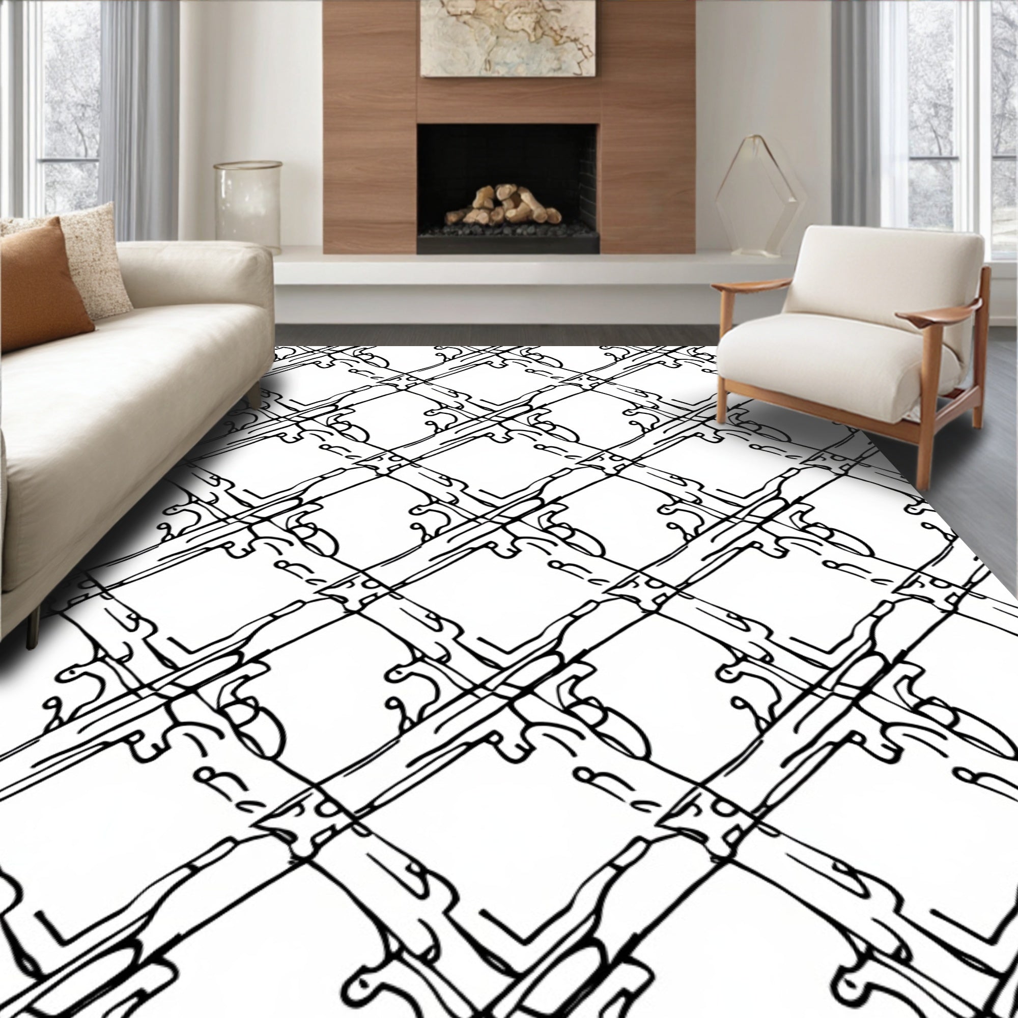 Black White Interlocking Diamond Pattern Rug
