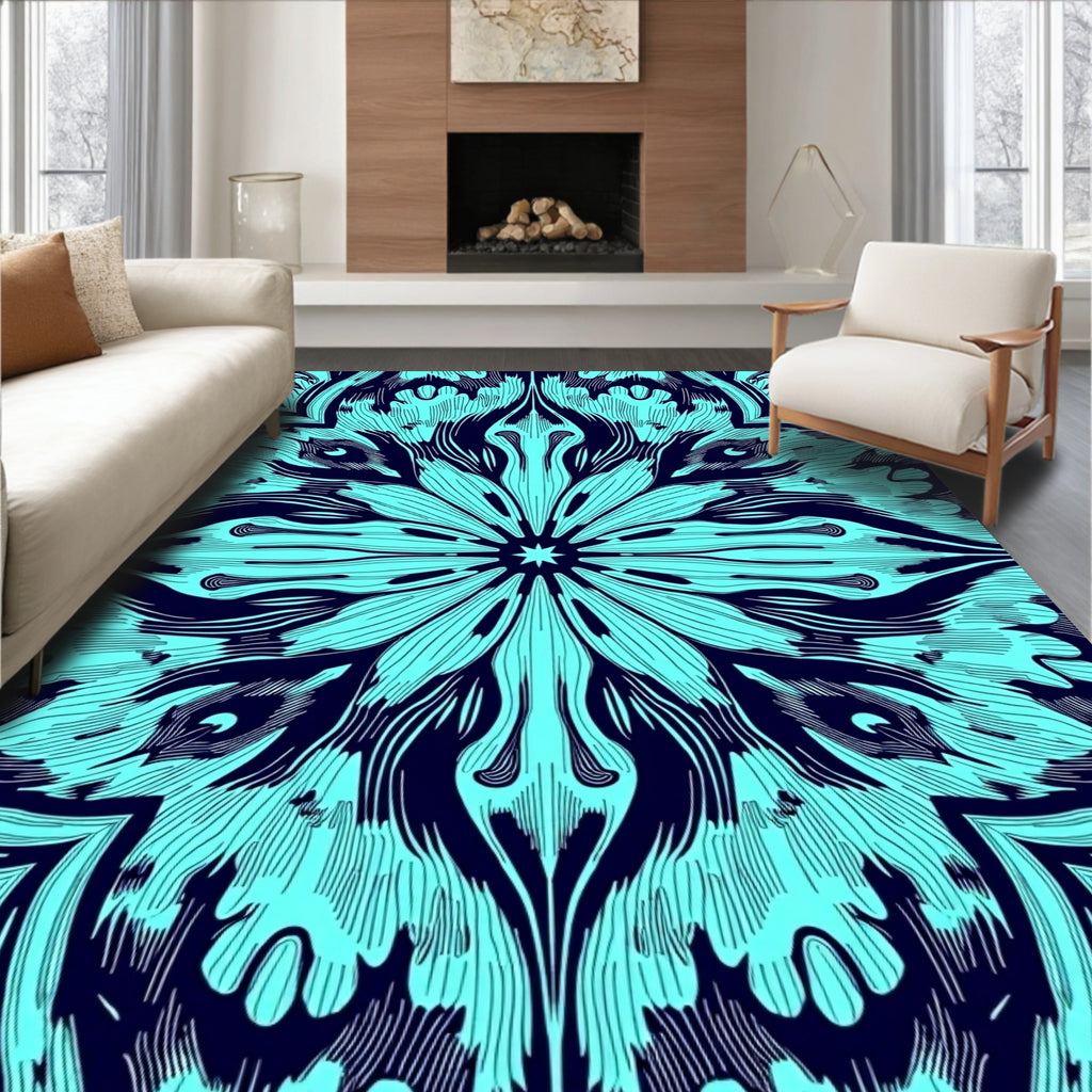 Aqua And Navy Mandala Pattern Rug