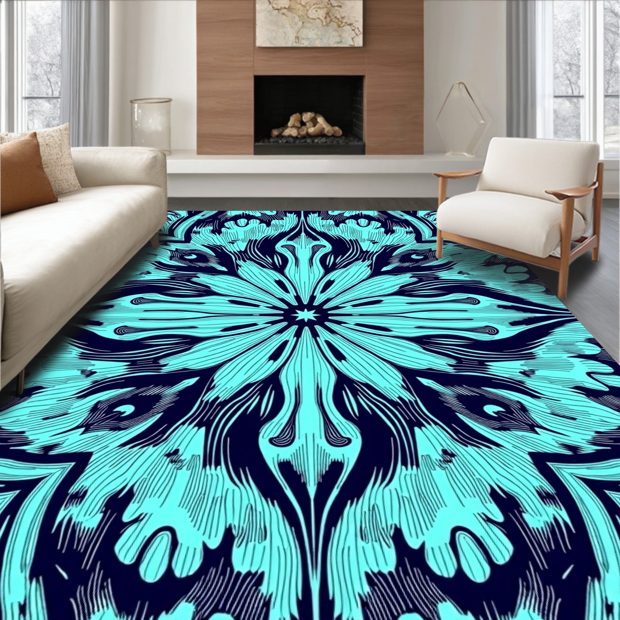 Aqua And Navy Mandala Pattern Rug