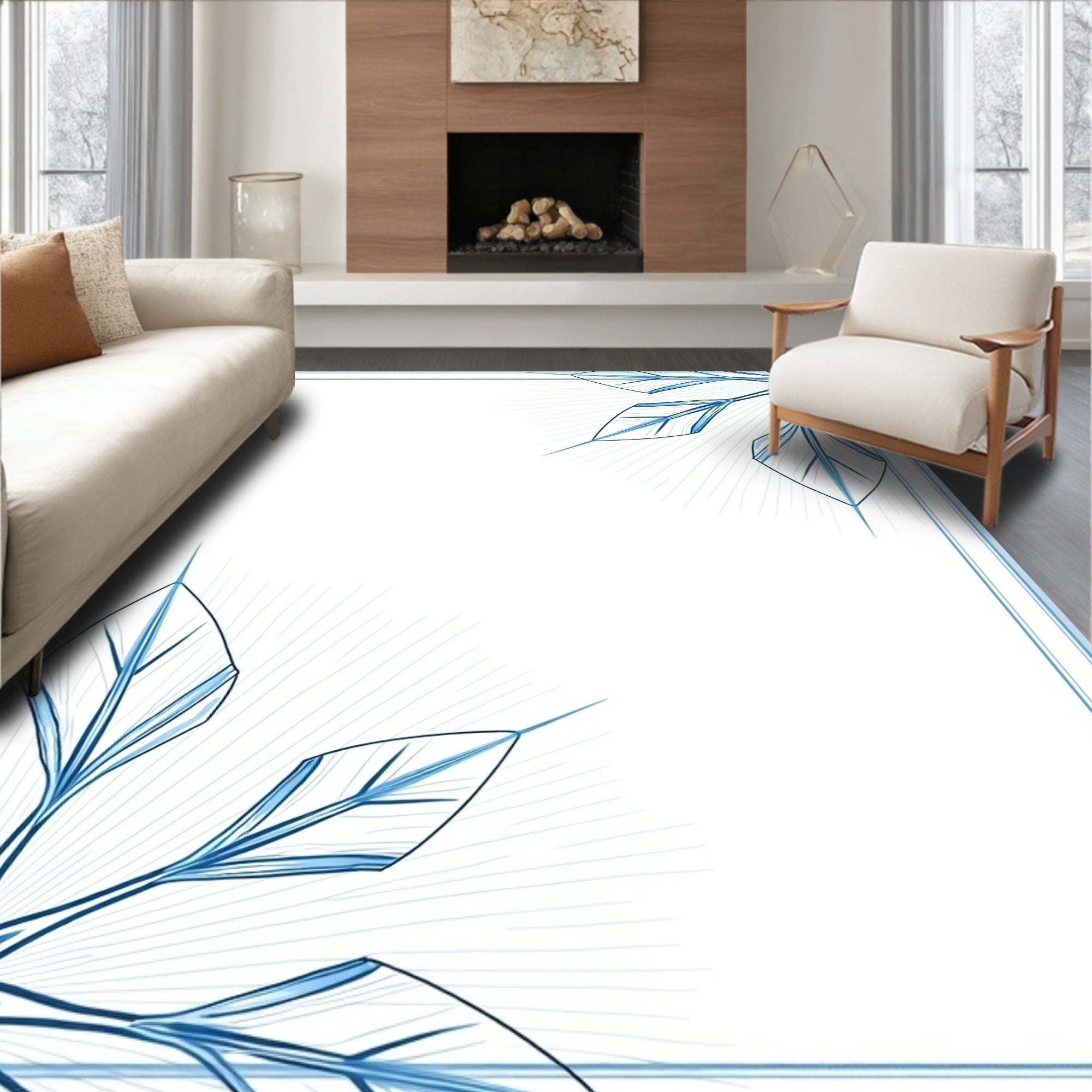 Cool Blue Starburst Leaf Border Rug