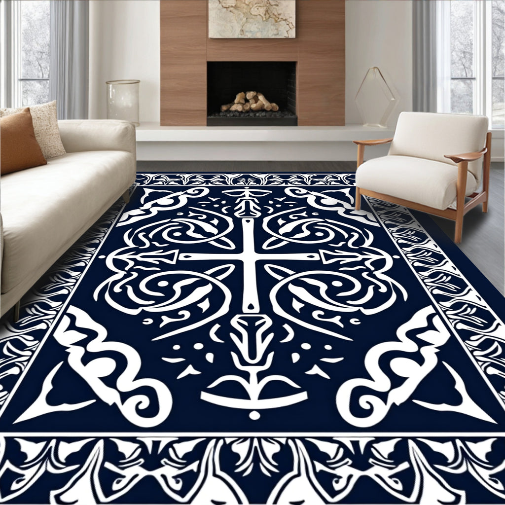 Dark Navy And White Celtic Pattern Rug