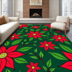 Vibrant Red Floral Green Background Rug